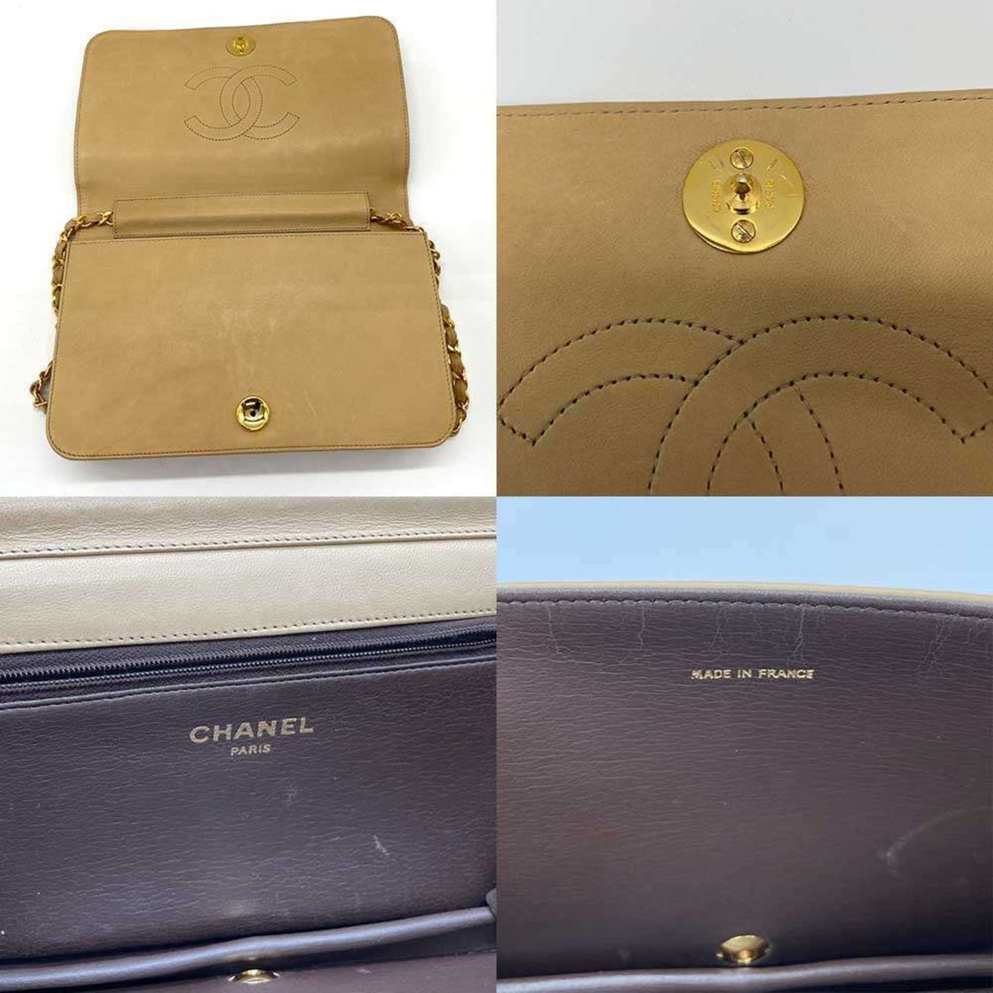 Chanel Matelasse Chain Shoulder Push Lock Bag Lambskin Beige Chanel