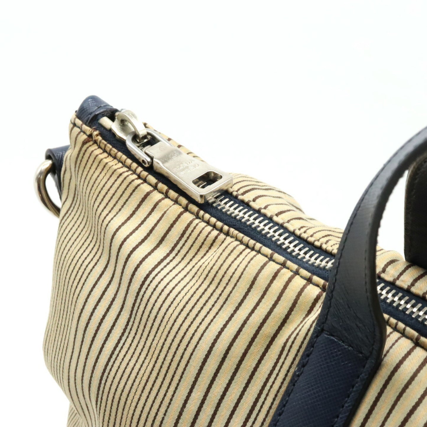 Prada Prada Tote Bag Handbag Shoulder Stripe Canvas Leather Beige Purchased At A Domestic Outlet