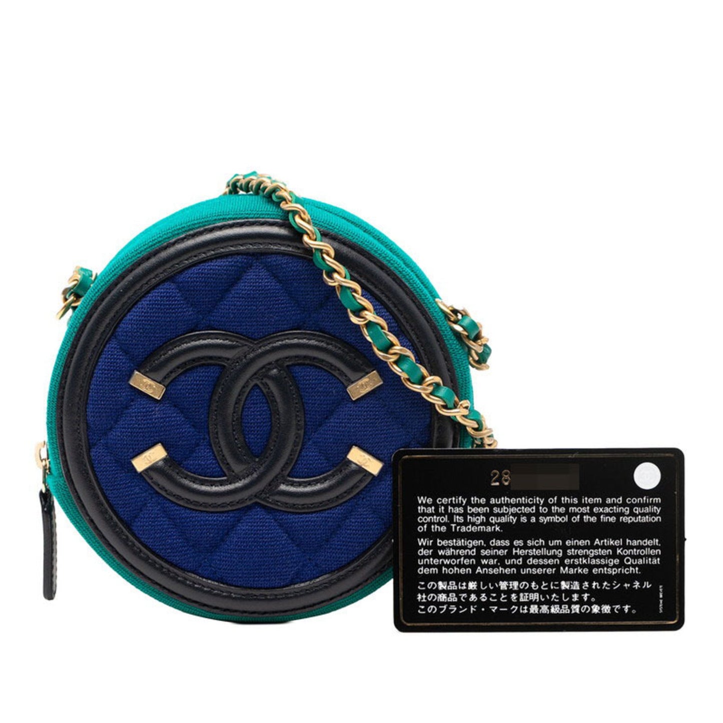 Chanel Cc Filigree Coco Mark Round Chain Shoulder Bag Ap0365 Green Blue Black Cotton Leather