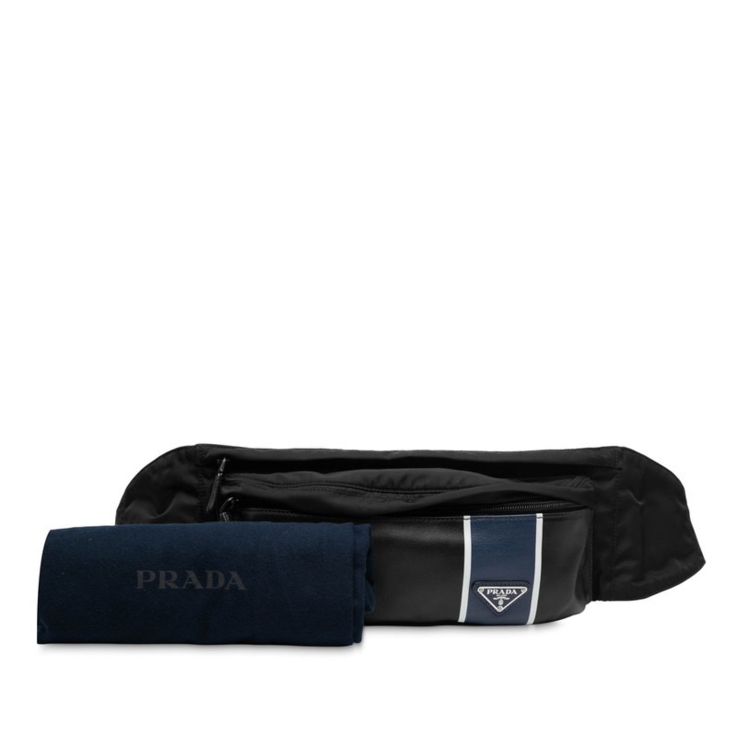 Prada Triangle Logo Plate Body Bag/Waist Bag In Black/Navy Leather/Nylon