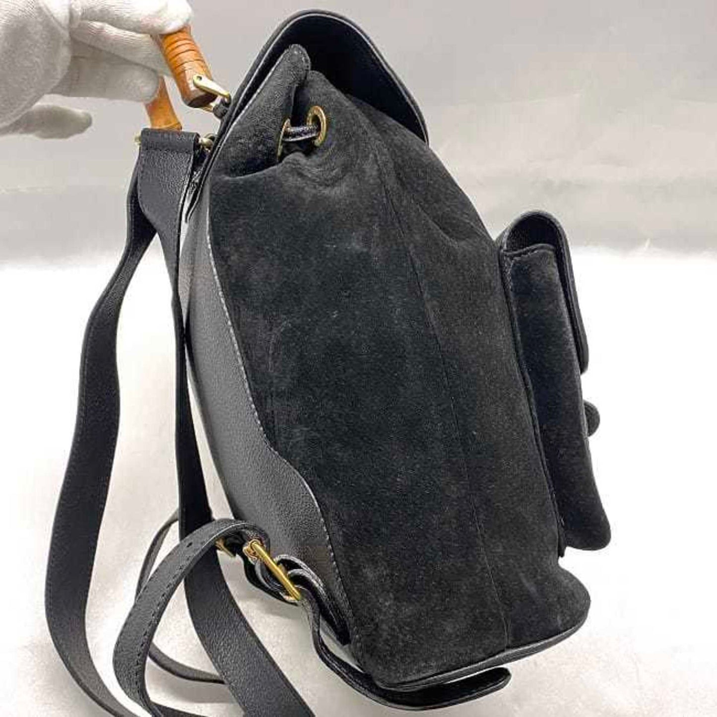 Gucci Backpack F-23291 Black Bamboo 003 2058 0016 Suede Leather Gucci Rucksack Flap