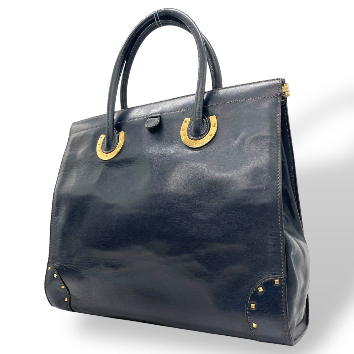 Gucci Handbag Tote Bag In Navy Blue Leather With Gold Hardware