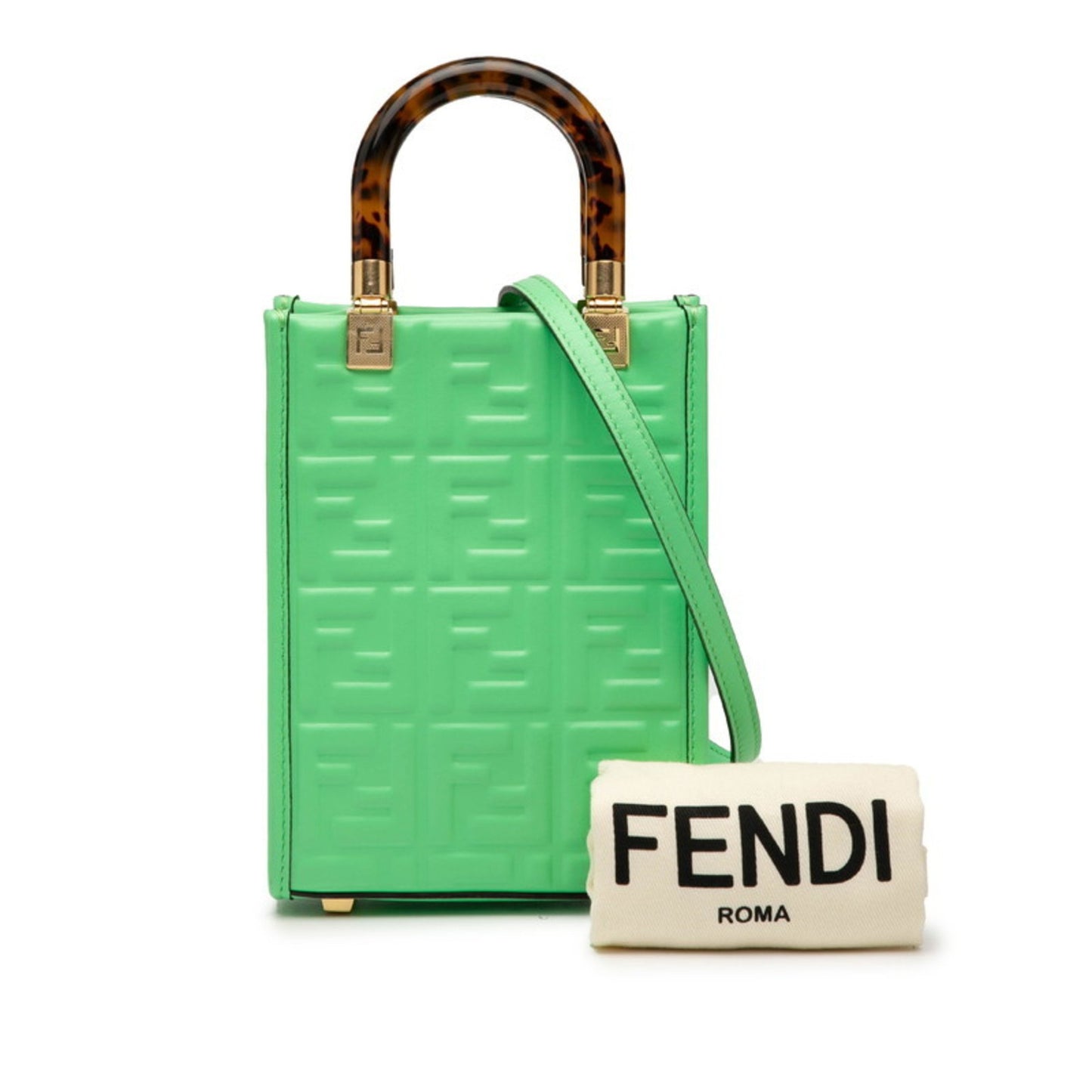 Fendi Sunshine Shopper Small Handbag/Shoulder Bag 2Way 8Bs051 Green/Brown Leather