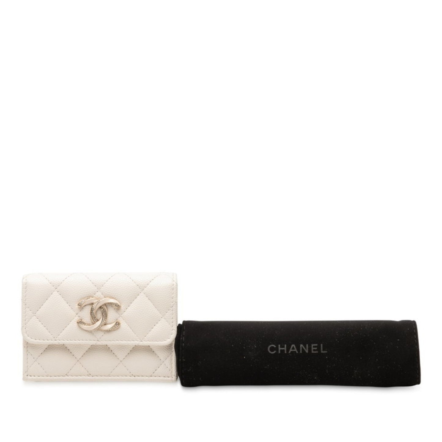 Chanel Matelasse Coco Mark Rhinestone Tri-Fold Wallet In White Caviar Leather