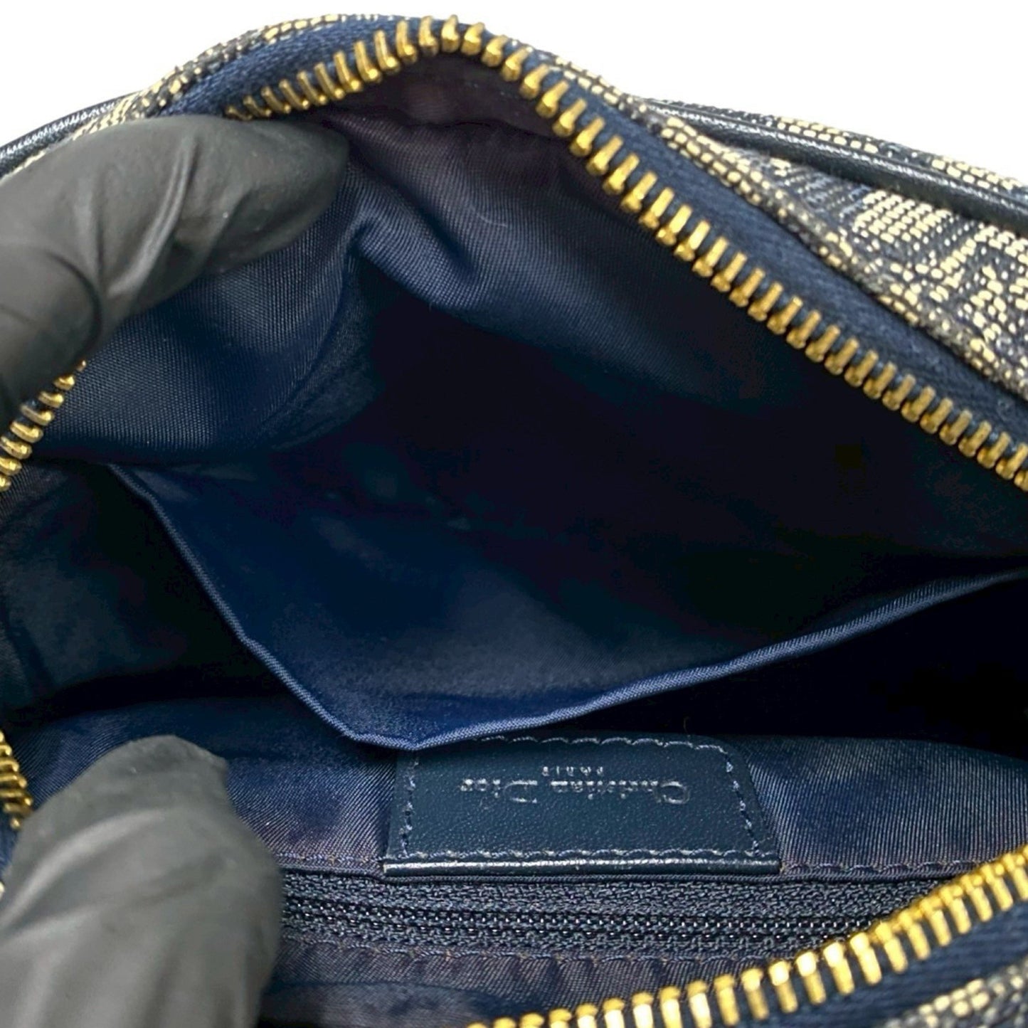 Christian Dior Trotter Pattern Leather Canvas Shoulder Bag Pochette Navy 34211