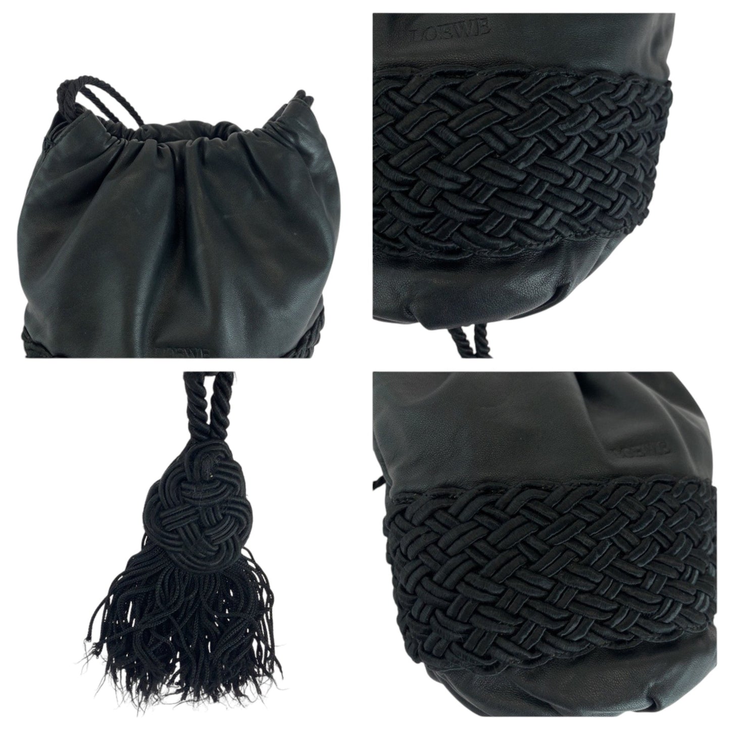Loewe Vintage Logo Fringe Black Leather Shoulder Bag Drawstring