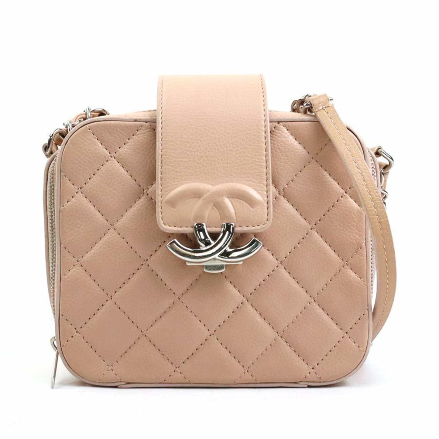 Chanel Shoulder Bag Caviar Skin Leather Pink Beige Silver