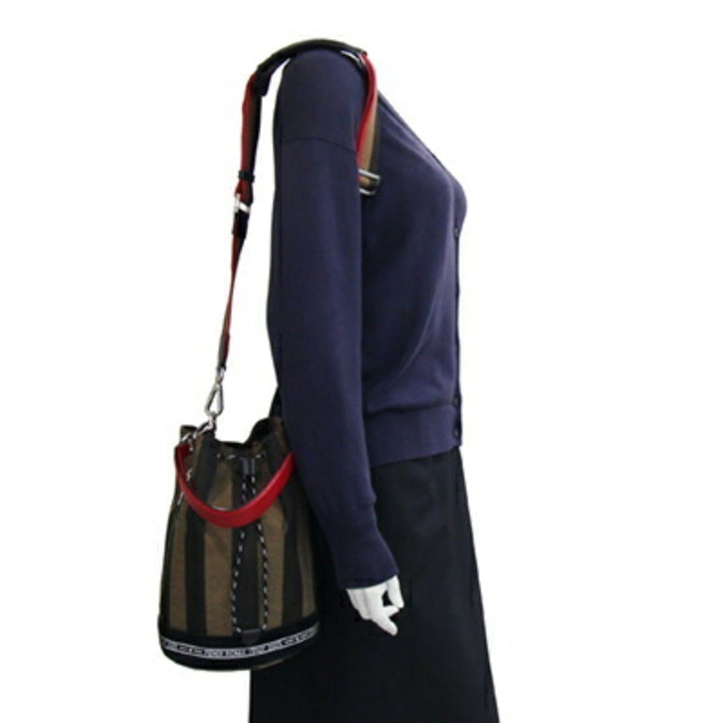 Fendi Bag Montresor 7V50 Khaki Black Red Jacquard Canvas Leather Suede Shoulder Pequin Pattern