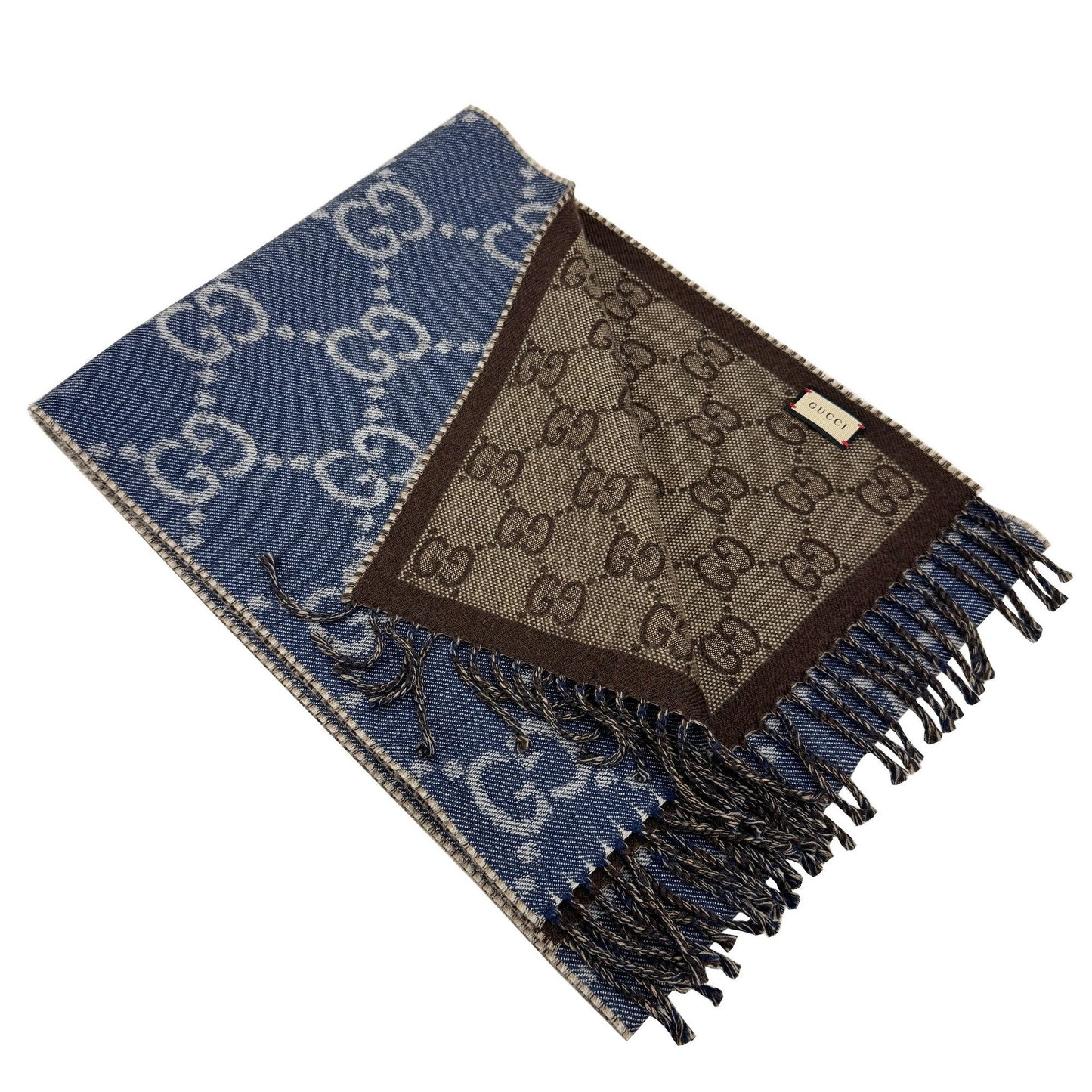 Gucci Reversible Gg Pattern Jacquard Wool Scarf In Blue