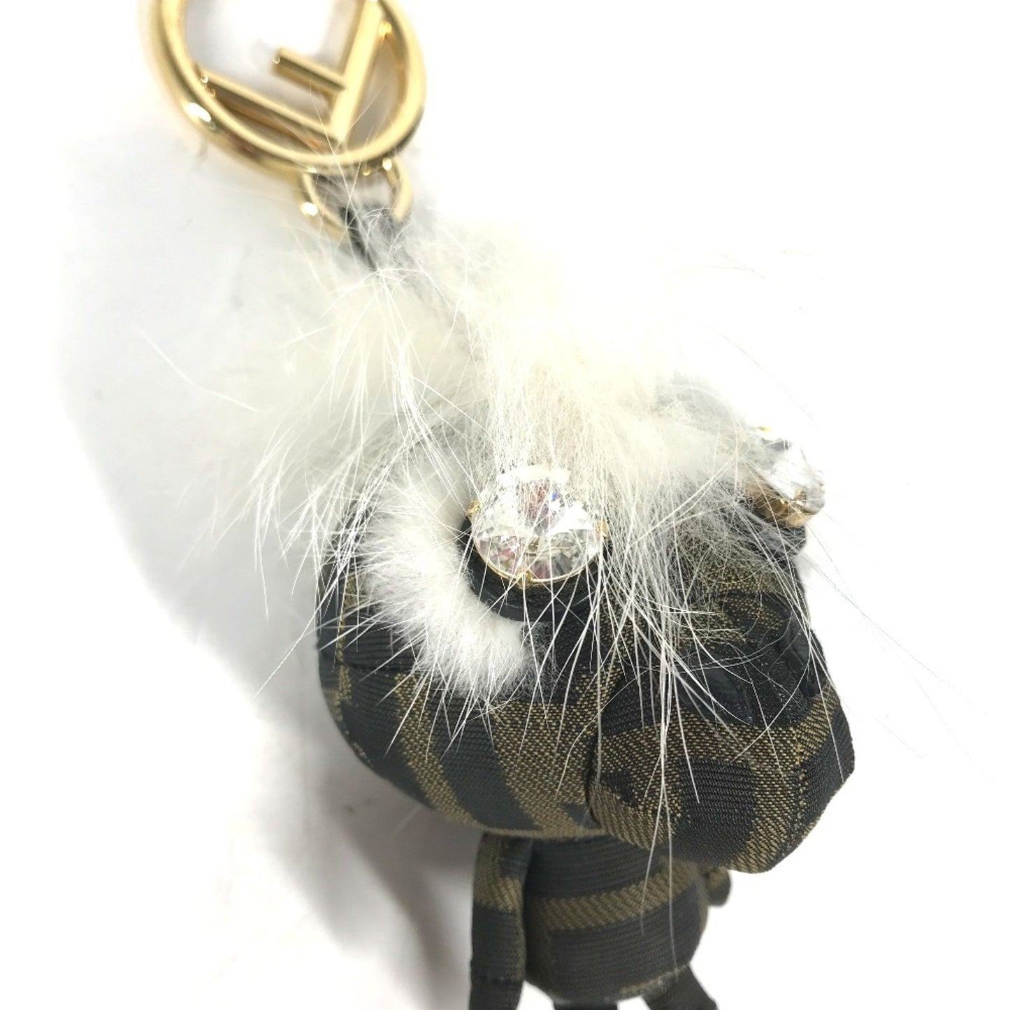 Fendi Fendi Fur Rhinestone Zucca Logo Monster Space Monkey Keychain Bag Charm Canvas