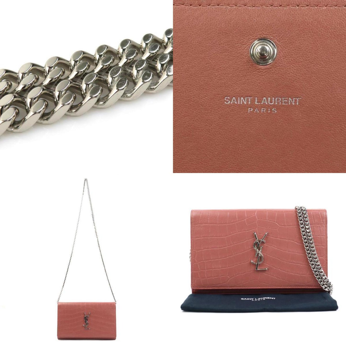 Saint Laurent Wallet Chain Shoulder Bag Embossed Leather Pink Brown Silver
