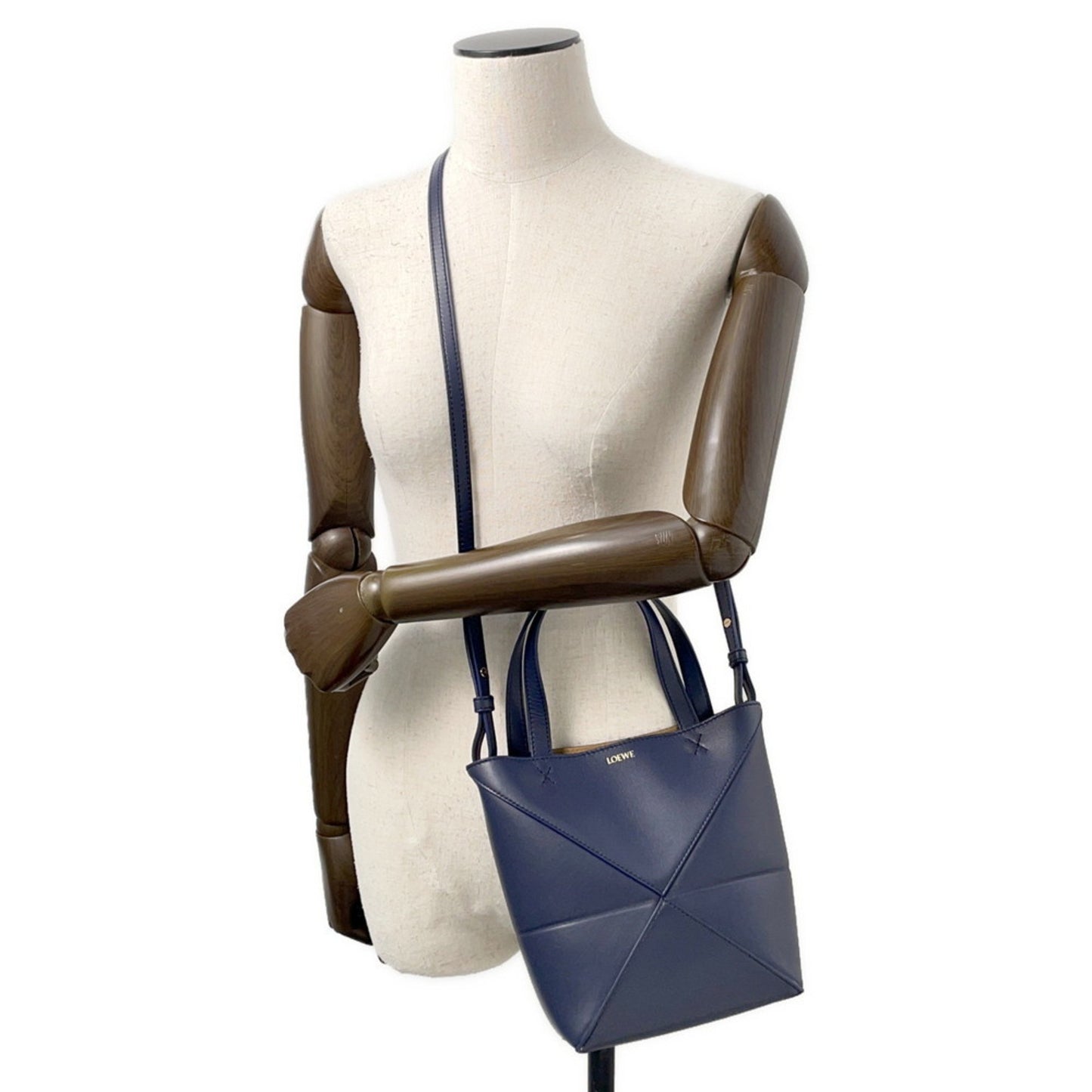 Loewe Handbag Puzzle Fold Mini Tote Shiny Calf Leather A657V25X01 2Way Navy