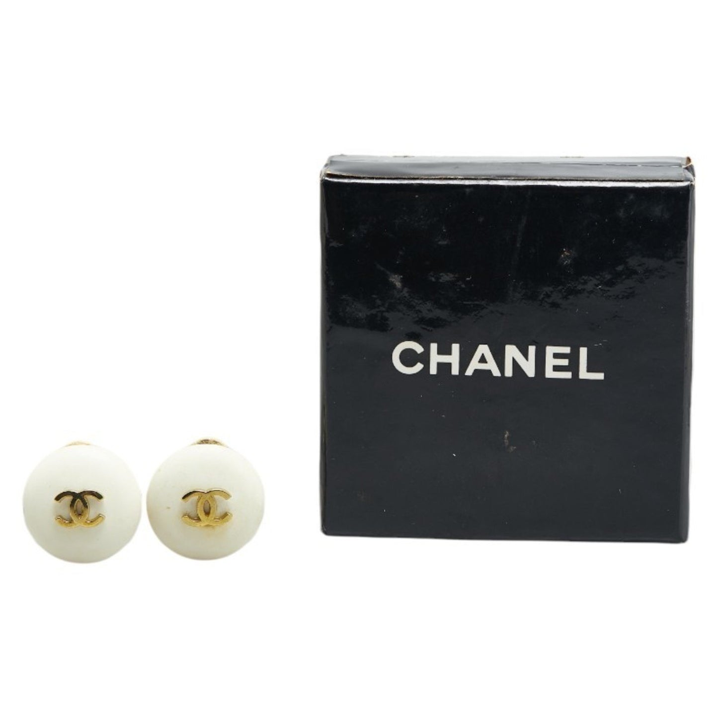 Chanel Coco Mark Earrings White Gold Plated Resin