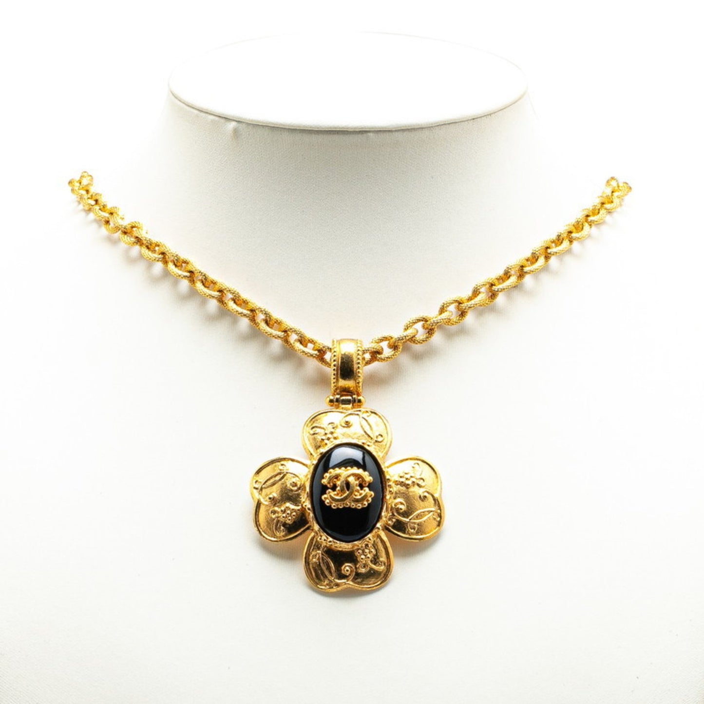 Chanel Coco Mark Gripoa Clover Motif Necklace Gold Black Plated
