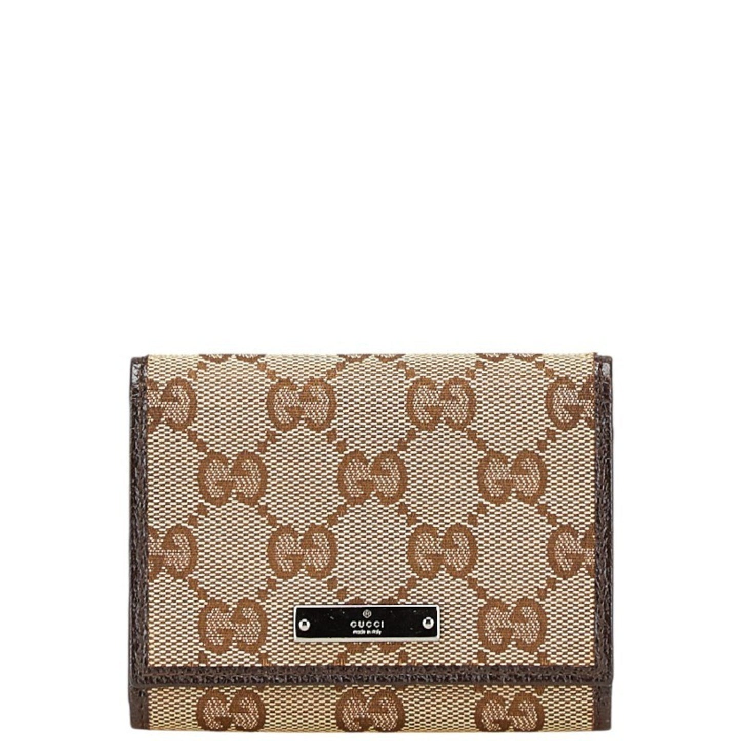 Gucci Gg Canvas Logo Plate Card Case 131886 Beige Dark Brown Leather