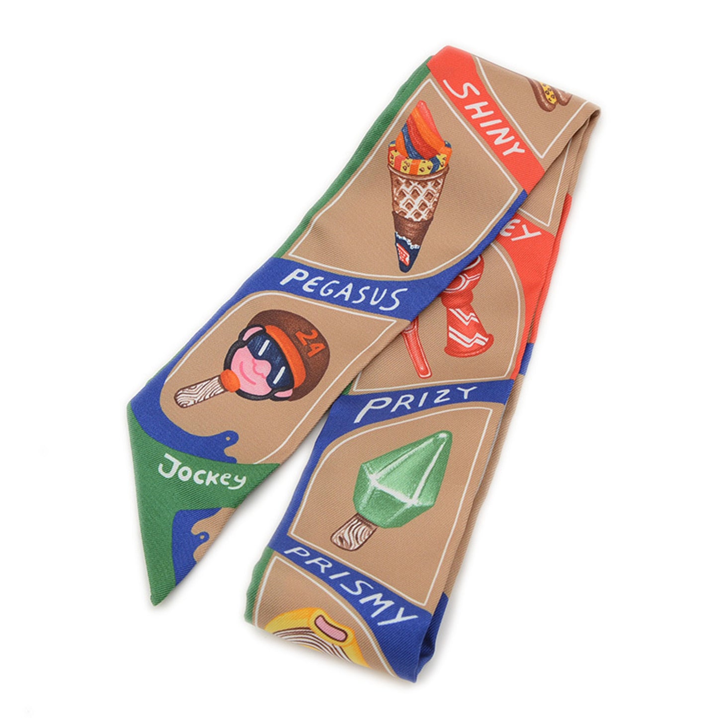 Hermes Twilly Scarf/Muffler Funny Ice Cream Beige Dress Emerald Silk Bp
