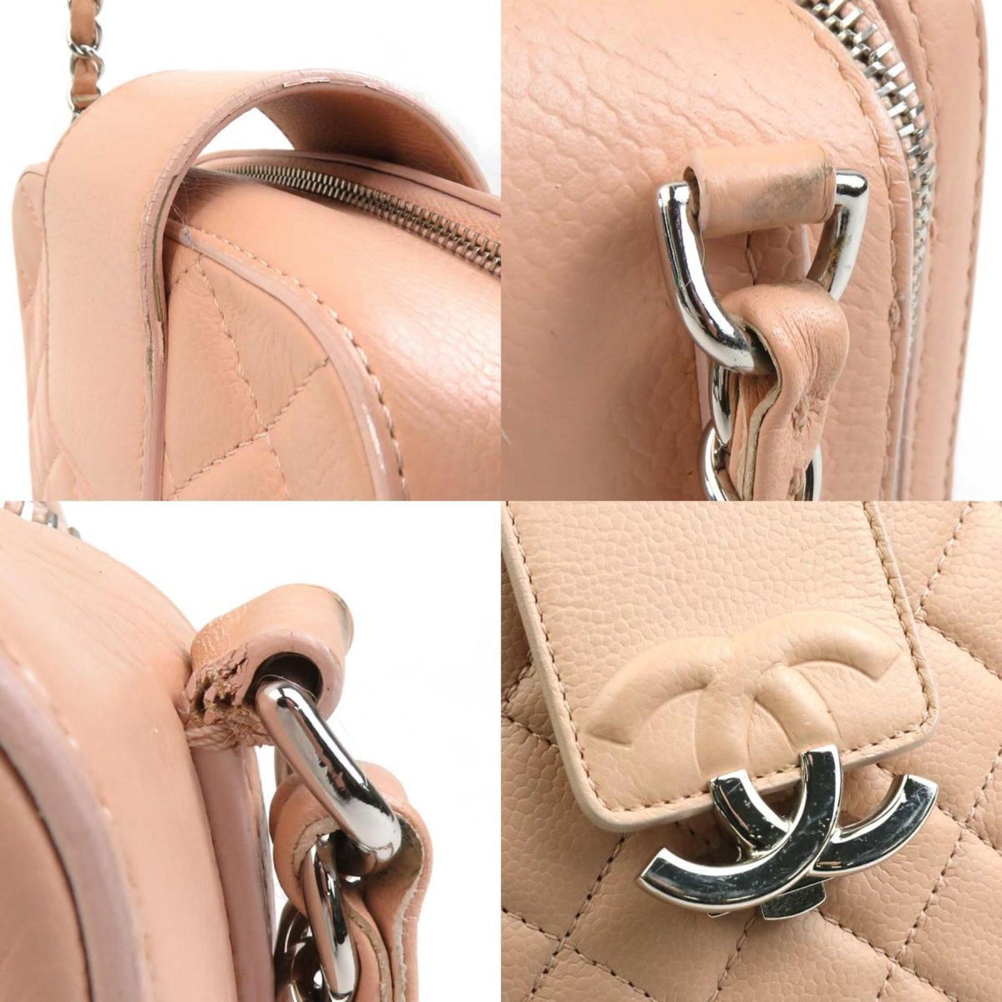 Chanel Shoulder Bag Caviar Skin Leather Pink Beige Silver