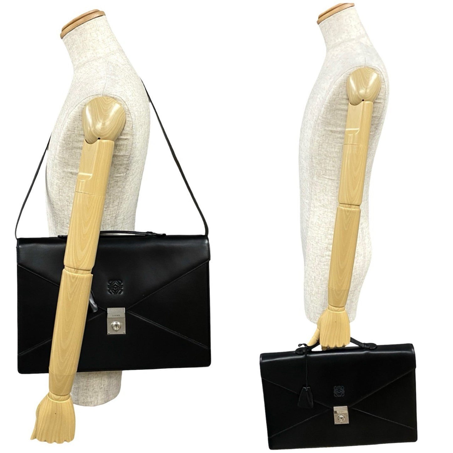 Loewe Anagram Logo Leather Genuine 2-Way Business Bag Handbag Shoulder Black 86242