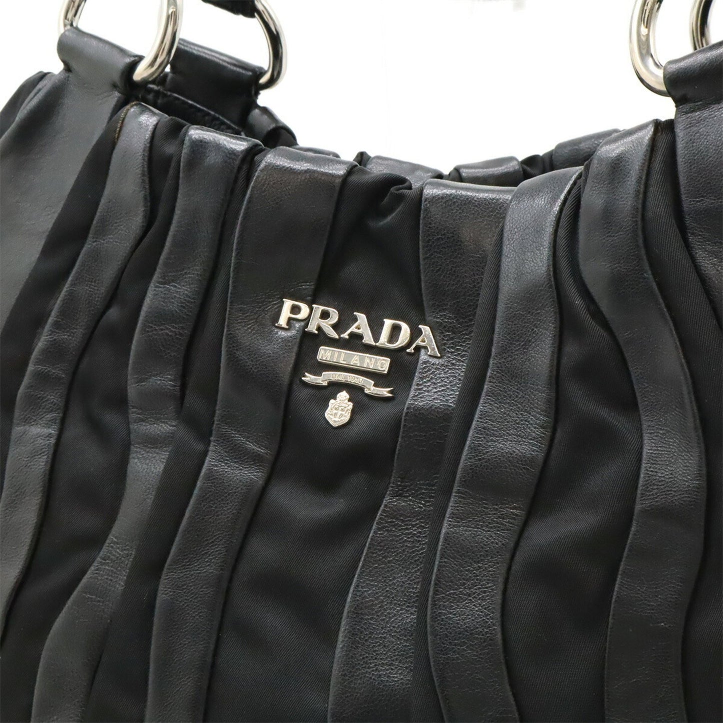 Prada Crimson Stripe Handbag Tote Bag Nylon Leather Nero Black Br3994