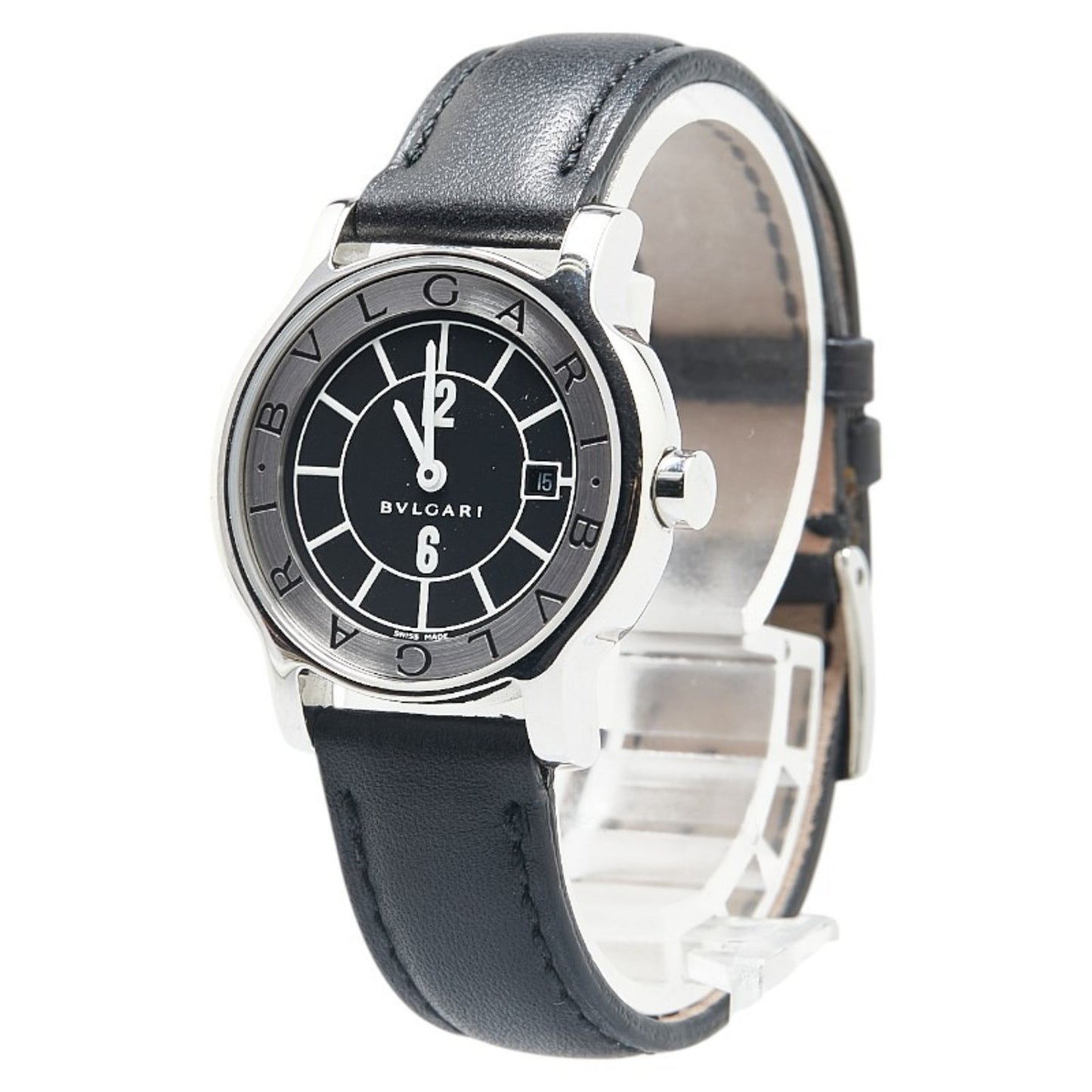Bvlgari Solotempo Watch St29S Quartz Black Dial Stainless Steel Leather