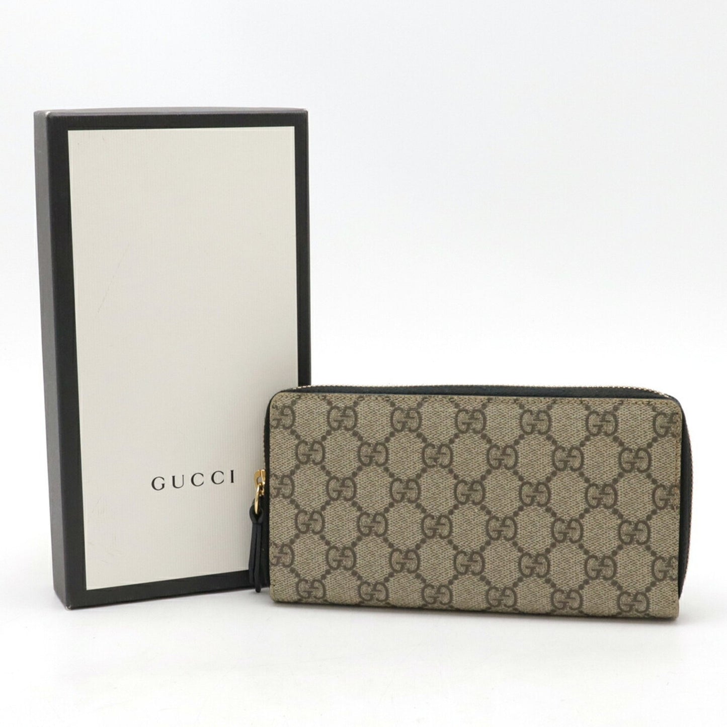 Gucci Gg Supreme Round Long Wallet Pvc Leather Beige Black 410102