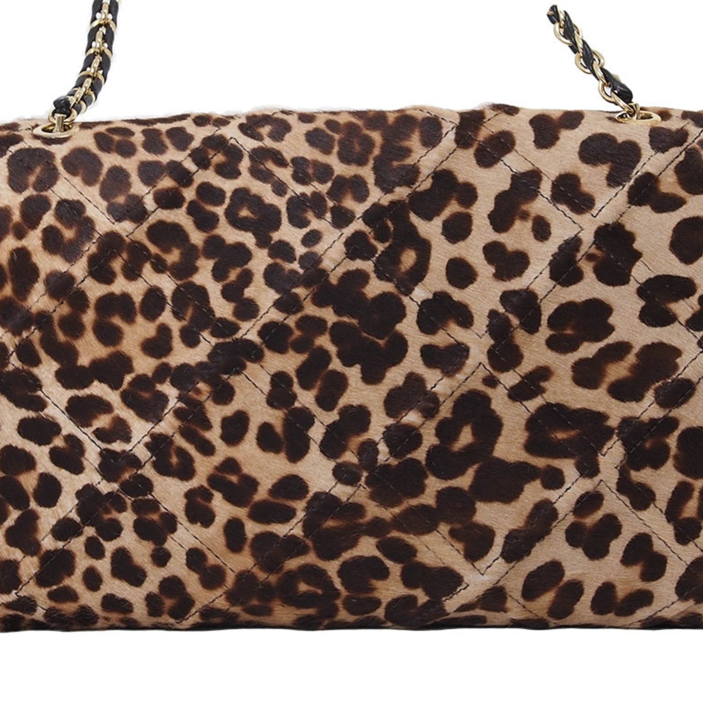 Salvatore Ferragamo Pony Leopard Print Vara Ribbon Chain Shoulder Bag Brown Au-21/E767