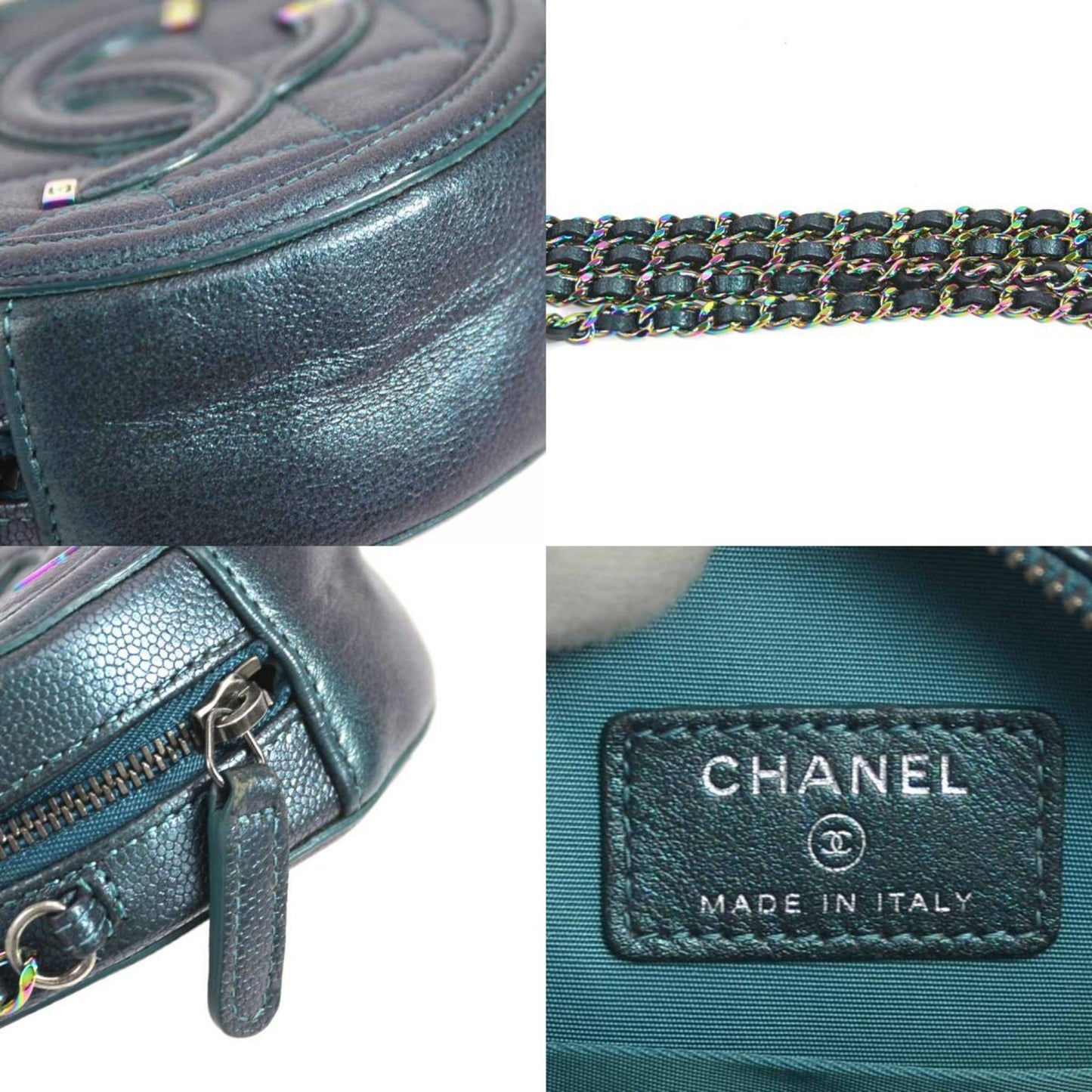 Chanel Shoulder Bag Matelasse Coco Mark Caviar Leather/Metal Metallic Dark Green/Aurora