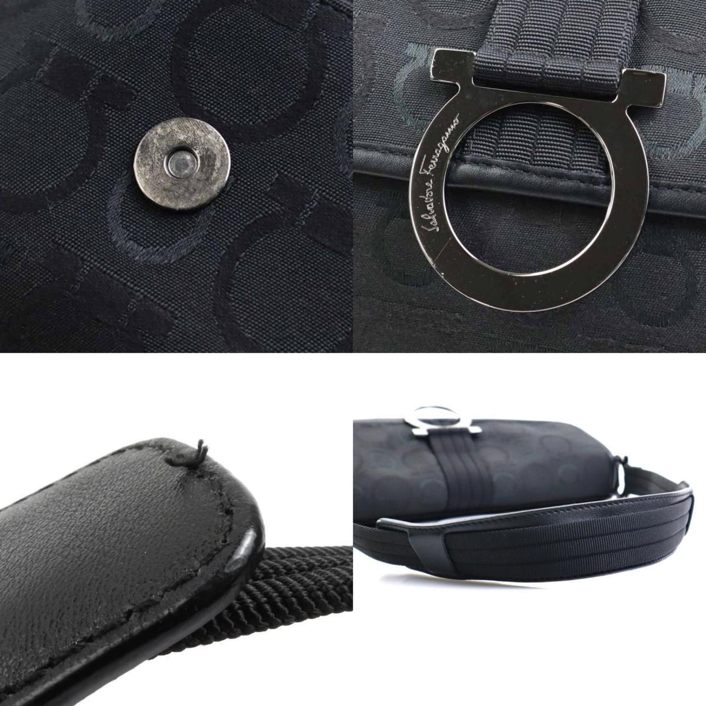 Salvatore Ferragamo Shoulder Bag Gancini Canvas Black Silver