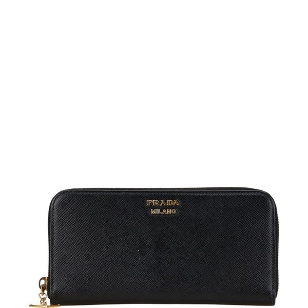 Prada Round Long Wallet 1Ml506 Black Leather