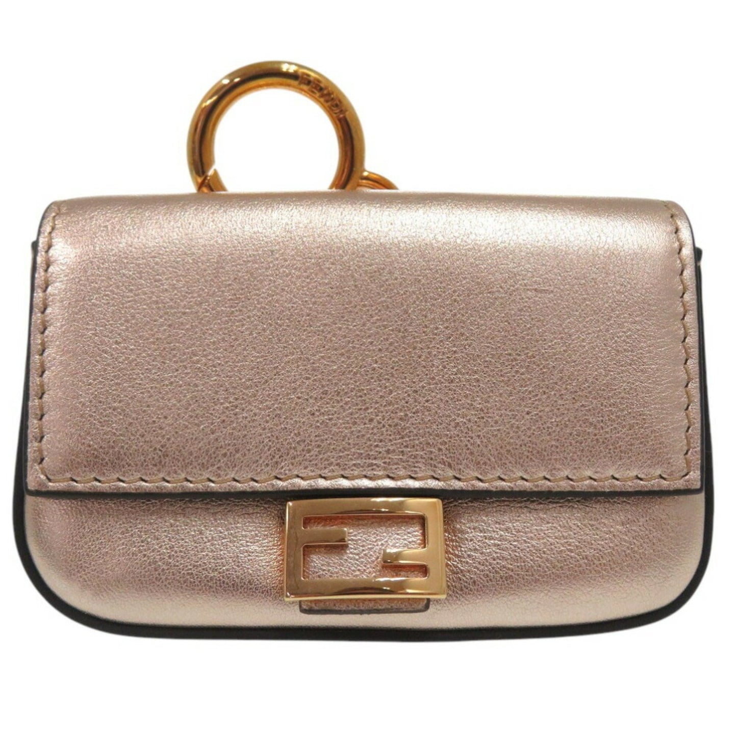 Fendi Nano Baguette Charm Chain Shoulder Pouch Mini Pochette Metallic Leather Pink Gold 0070Fendi