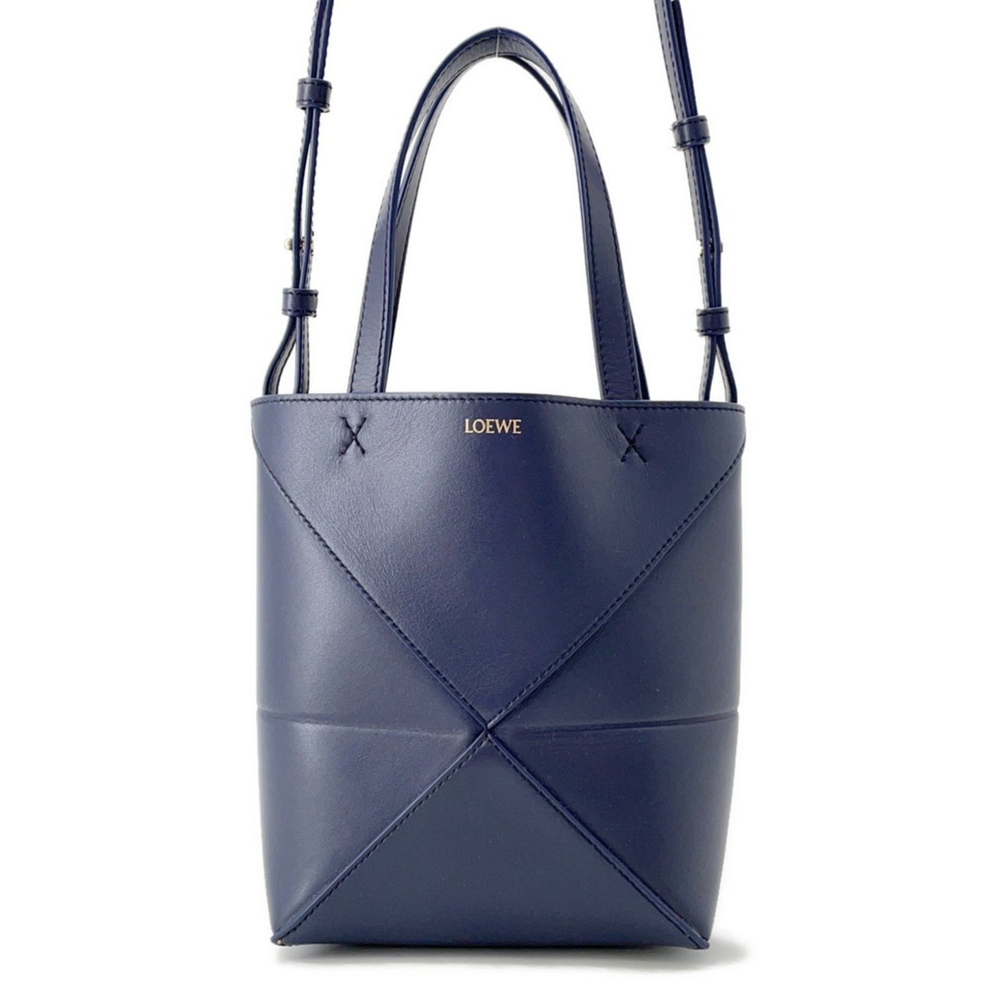 Loewe Handbag Puzzle Fold Mini Tote Shiny Calf Leather A657V25X01 2Way Navy