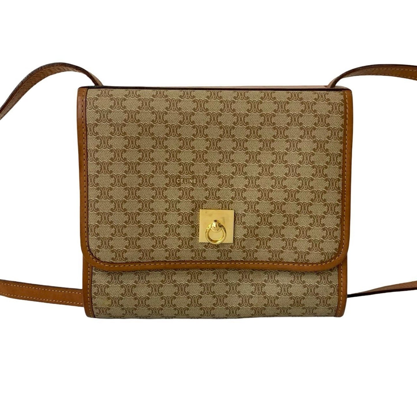 Celine Macadam Blason Pattern Logo Hardware Reversible Leather Shoulder Bag Beige Brown 35774