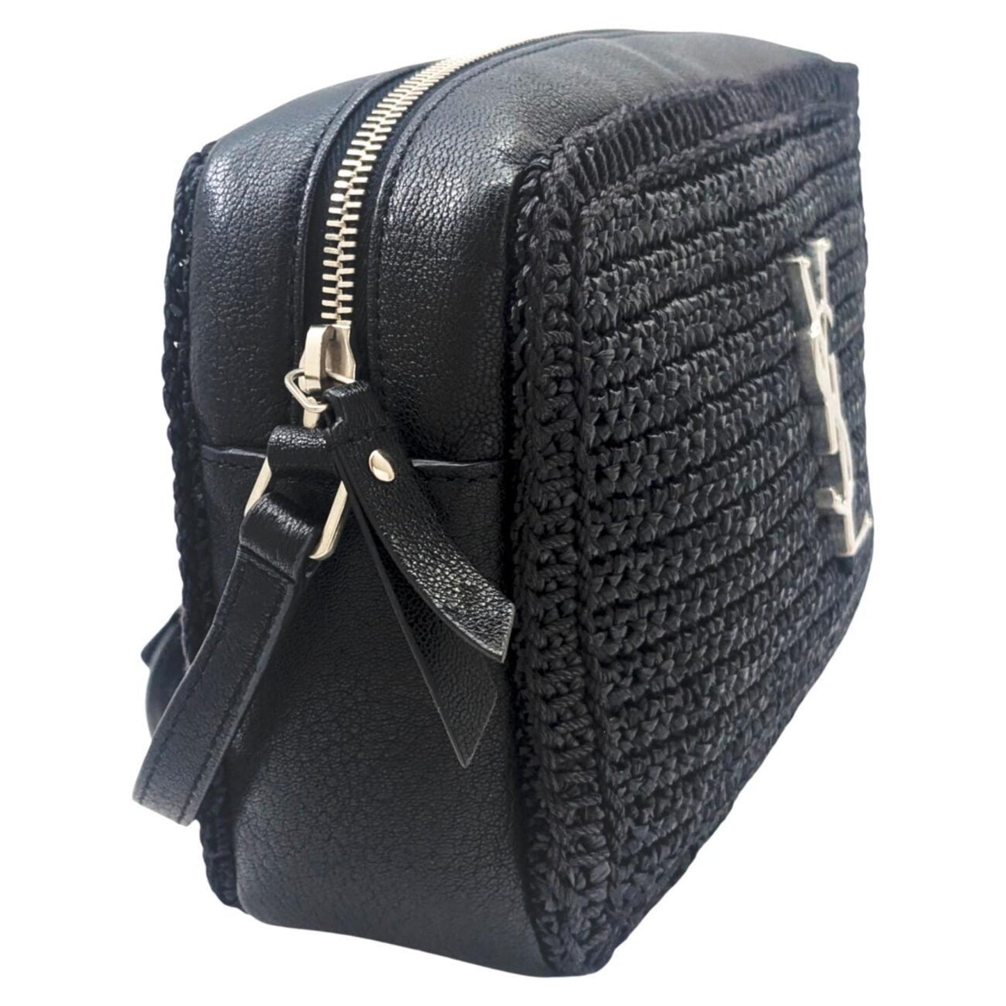 Saint Laurent Lou Raffia And Leather Black Camera Bag 468537 Shoulder With Tassel