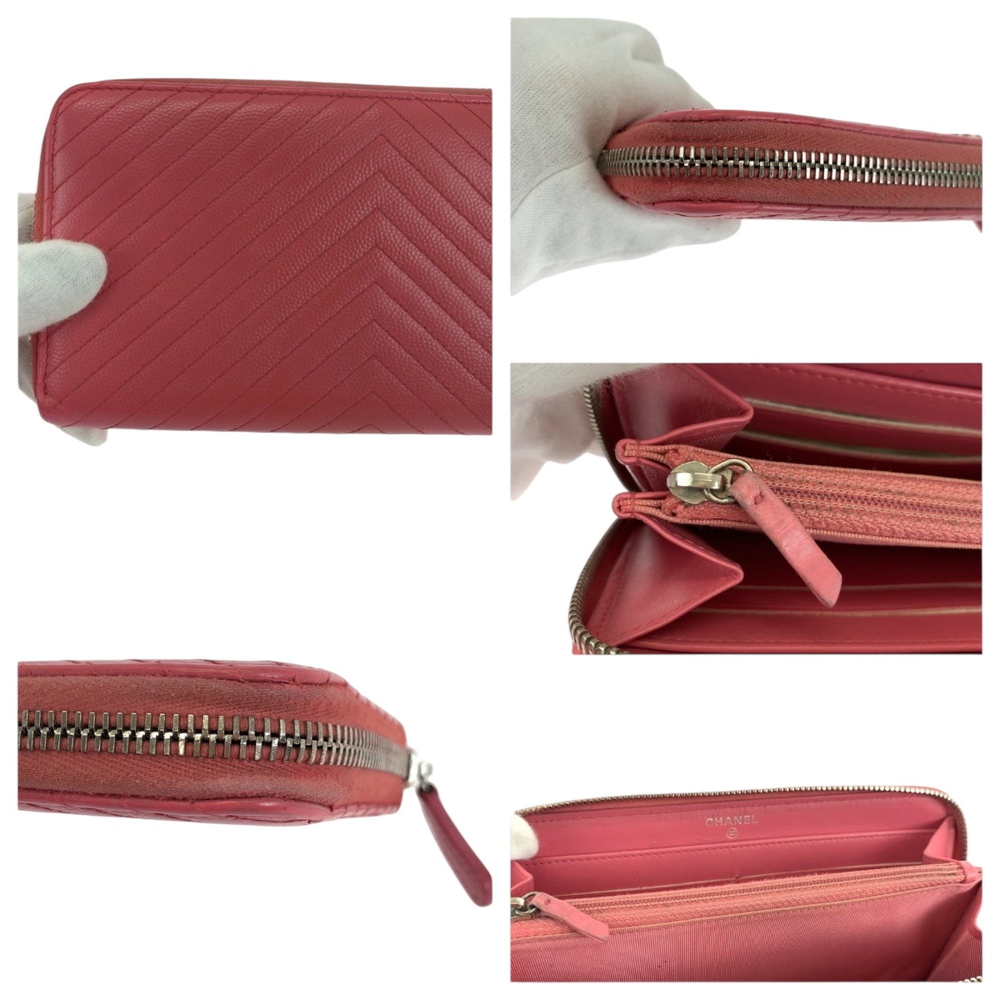 Chanel V Chevron Stitch Coco Mark Pink Gold Hardware Caviar Skin Long Wallet Round Zipper