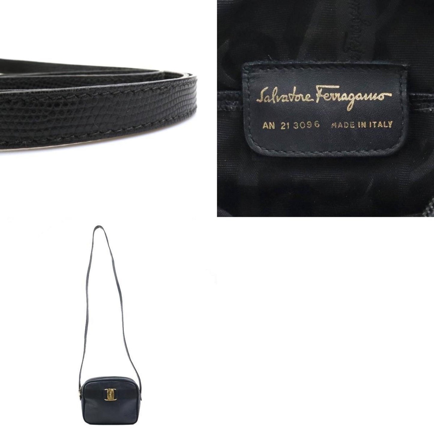 Salvatore Ferragamo Shoulder Bag Vara Embossed Leather Black Gold
