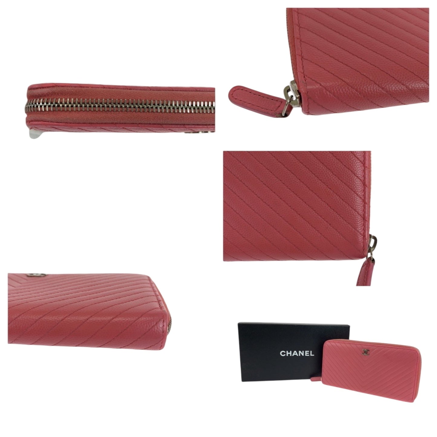 Chanel V Chevron Stitch Coco Mark Pink Gold Hardware Caviar Skin Long Wallet Round Zipper