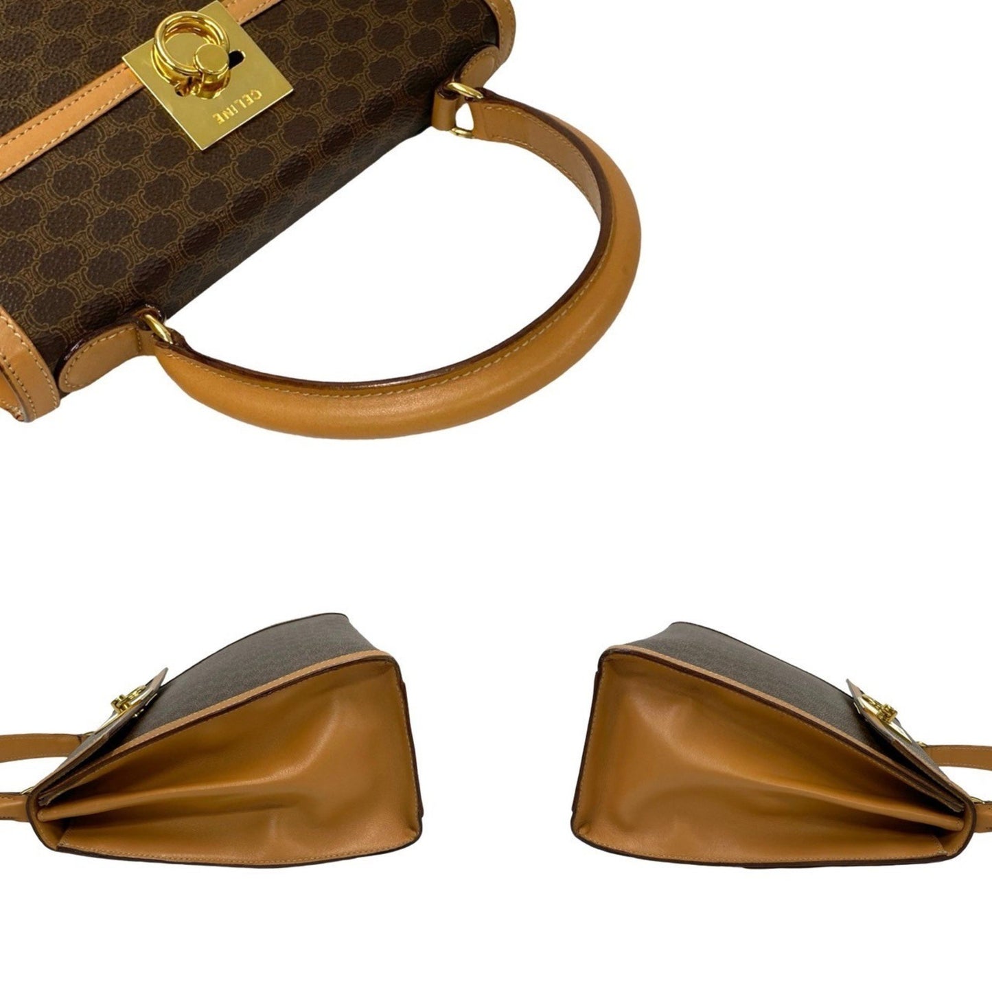 Celine Macadam Blason Triomphe Print Logo Ring Hardware Leather 2-Way Handbag/Shoulder Bag Brown