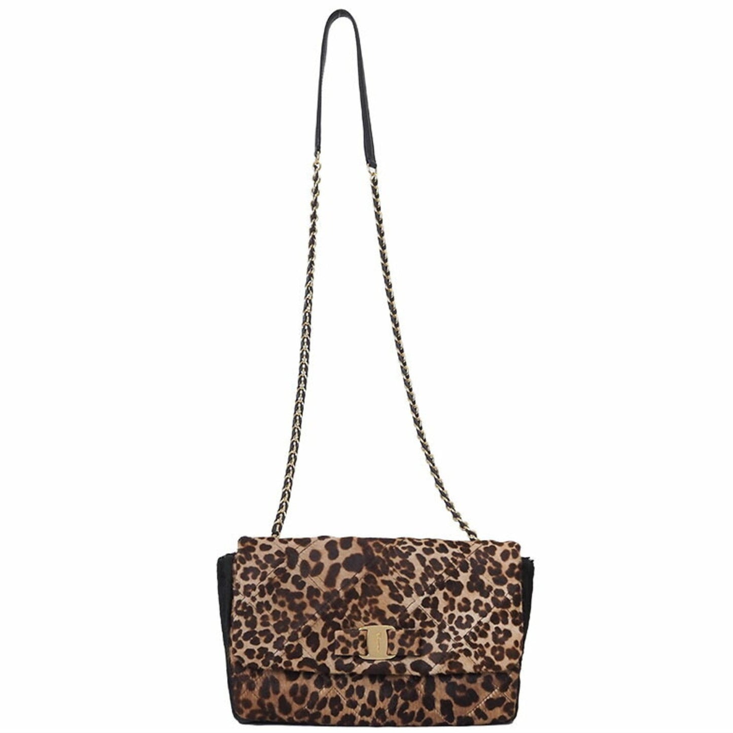 Salvatore Ferragamo Pony Leopard Print Vara Ribbon Chain Shoulder Bag Brown Au-21/E767