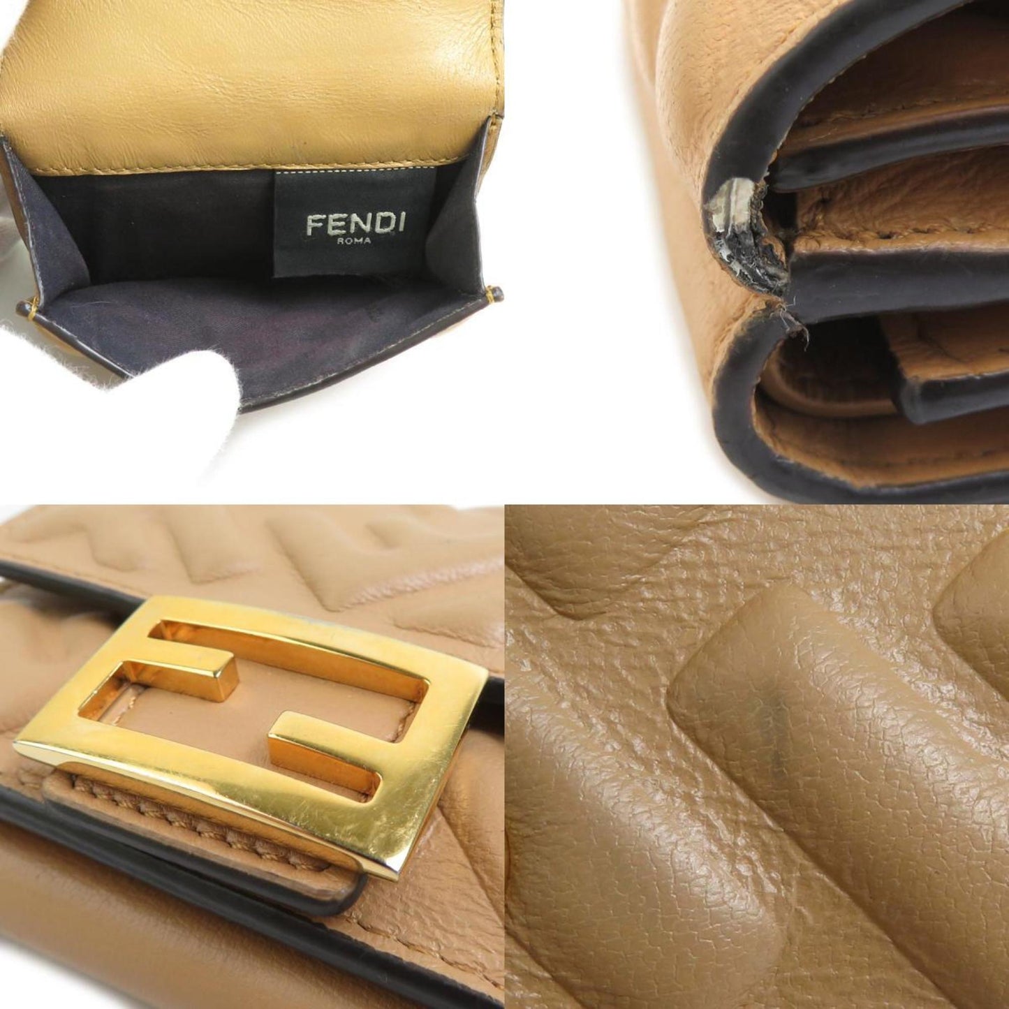 Fendi Tri-Fold Wallet Baguette Micro Leather Beige