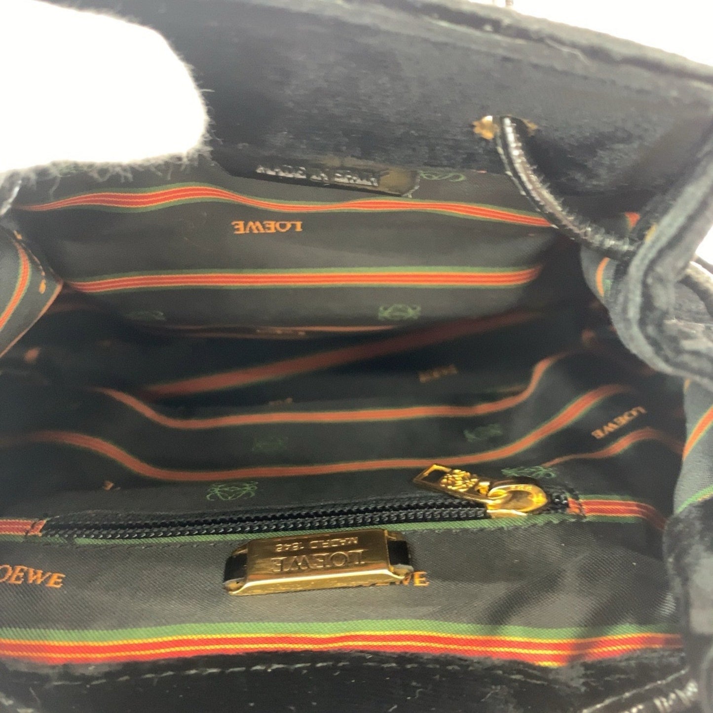 Loewe Vintage Velazquez Logo Black Gold Hardware Patent Leather Suede Backpack