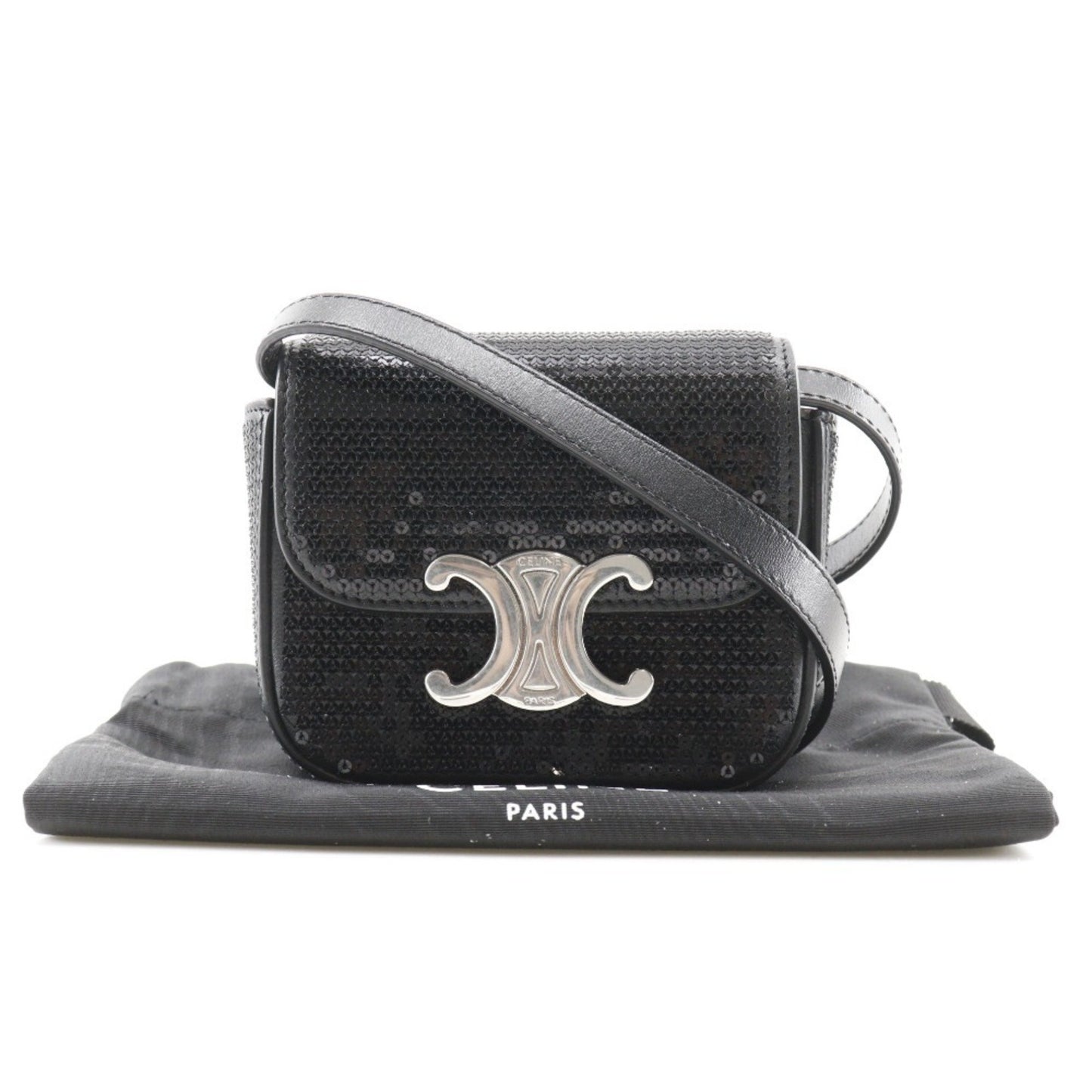 Celine Mini Triomphe Shoulder Bag Clutch Leather X Sequins Black 2Way Snap Button