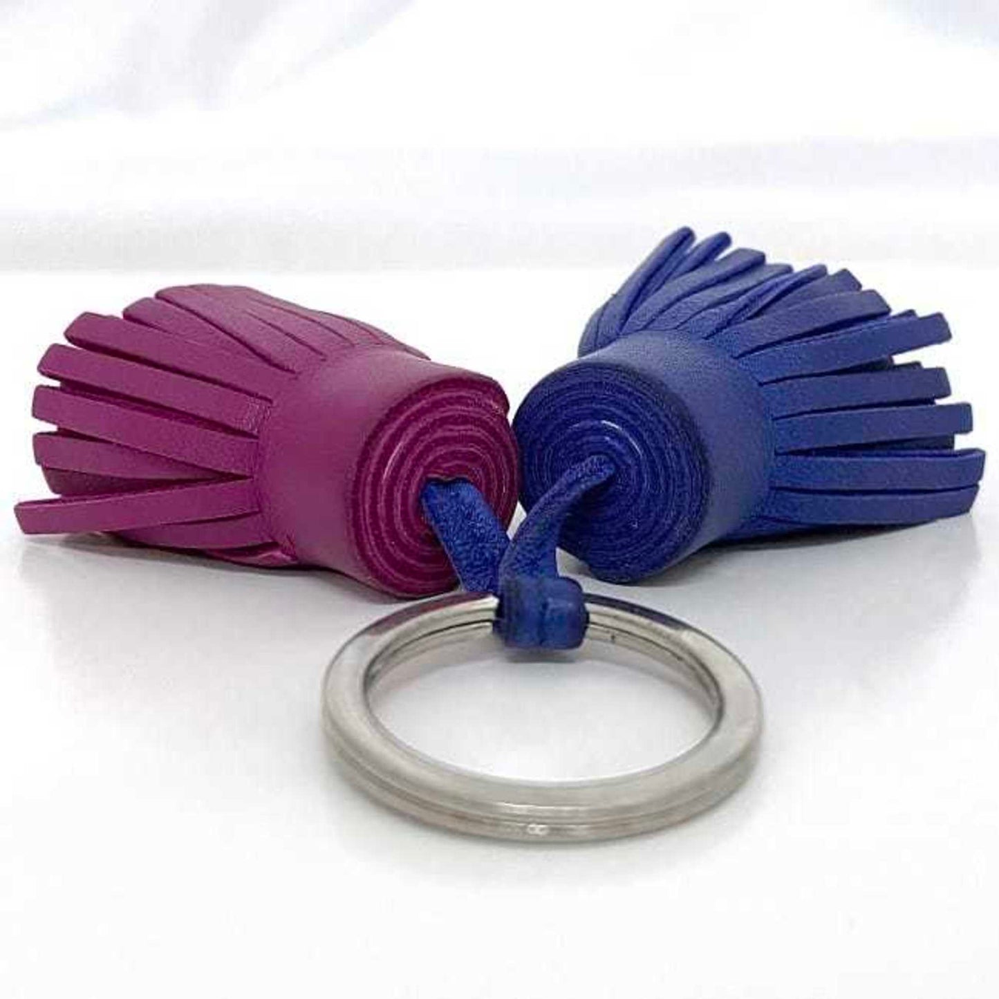 Herms Carmen Keychain Ec-23640 In Blue And Pink Leather. Hermes Tassel Keyring With Double Tassel