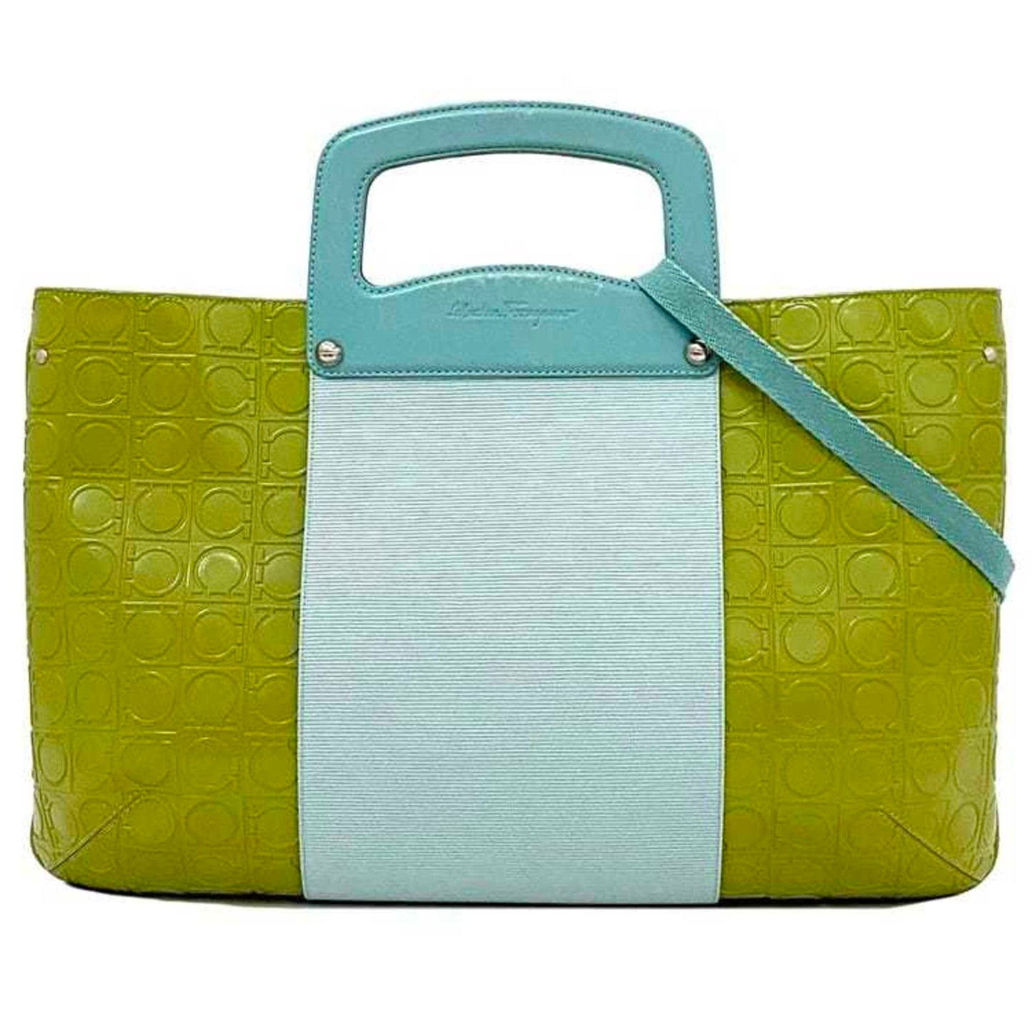 Salvatore Ferragamo 2Way Bag Ec-21453 Light Blue Green Gancini Ez-21 5369 Handbag Leather Bicolor
