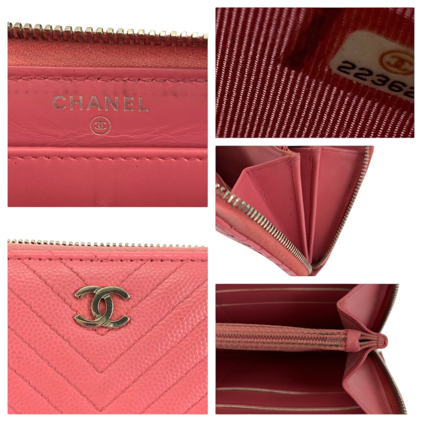 Chanel V Chevron Stitch Coco Mark Pink Gold Hardware Caviar Skin Long Wallet Round Zipper
