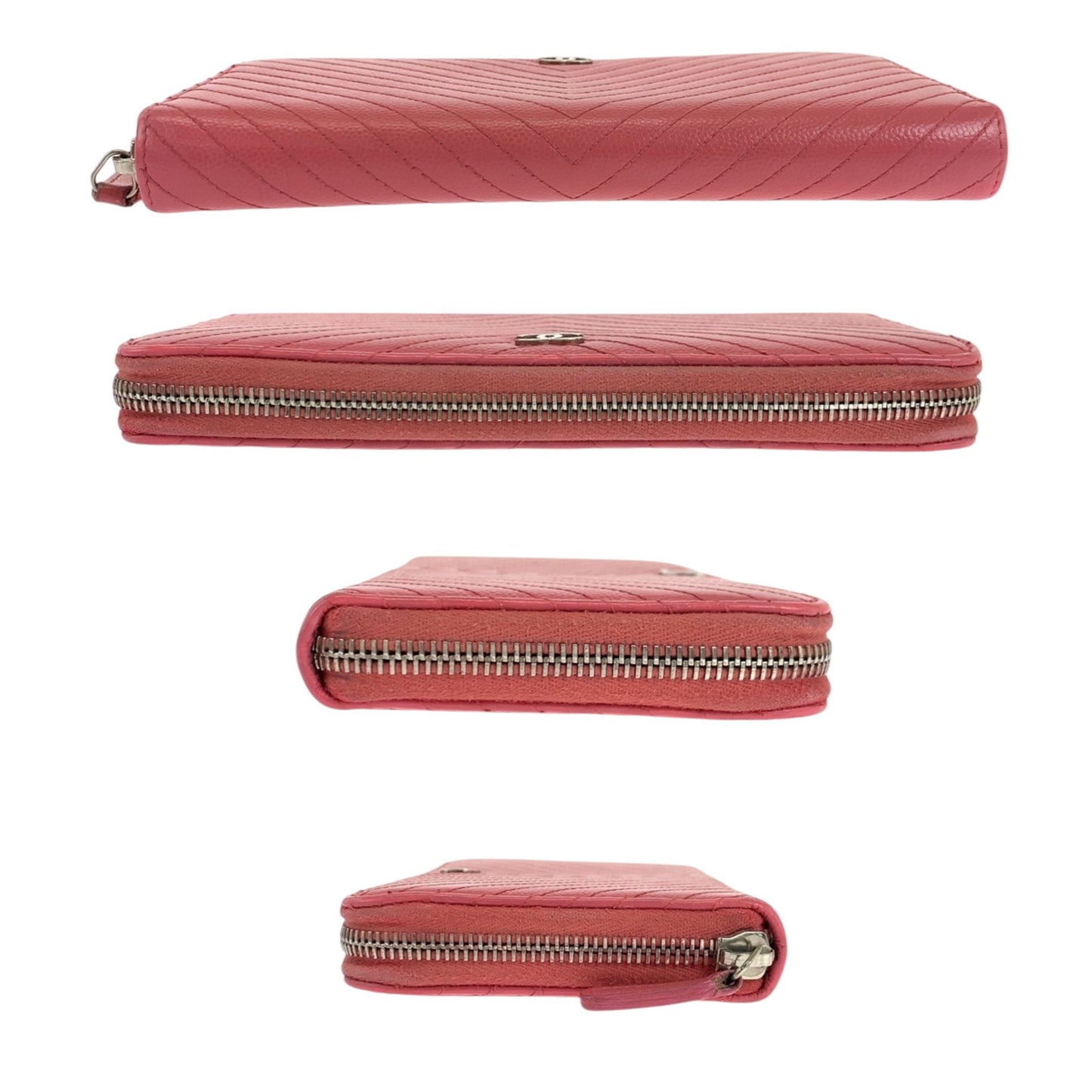 Chanel V Chevron Stitch Coco Mark Pink Gold Hardware Caviar Skin Long Wallet Round Zipper