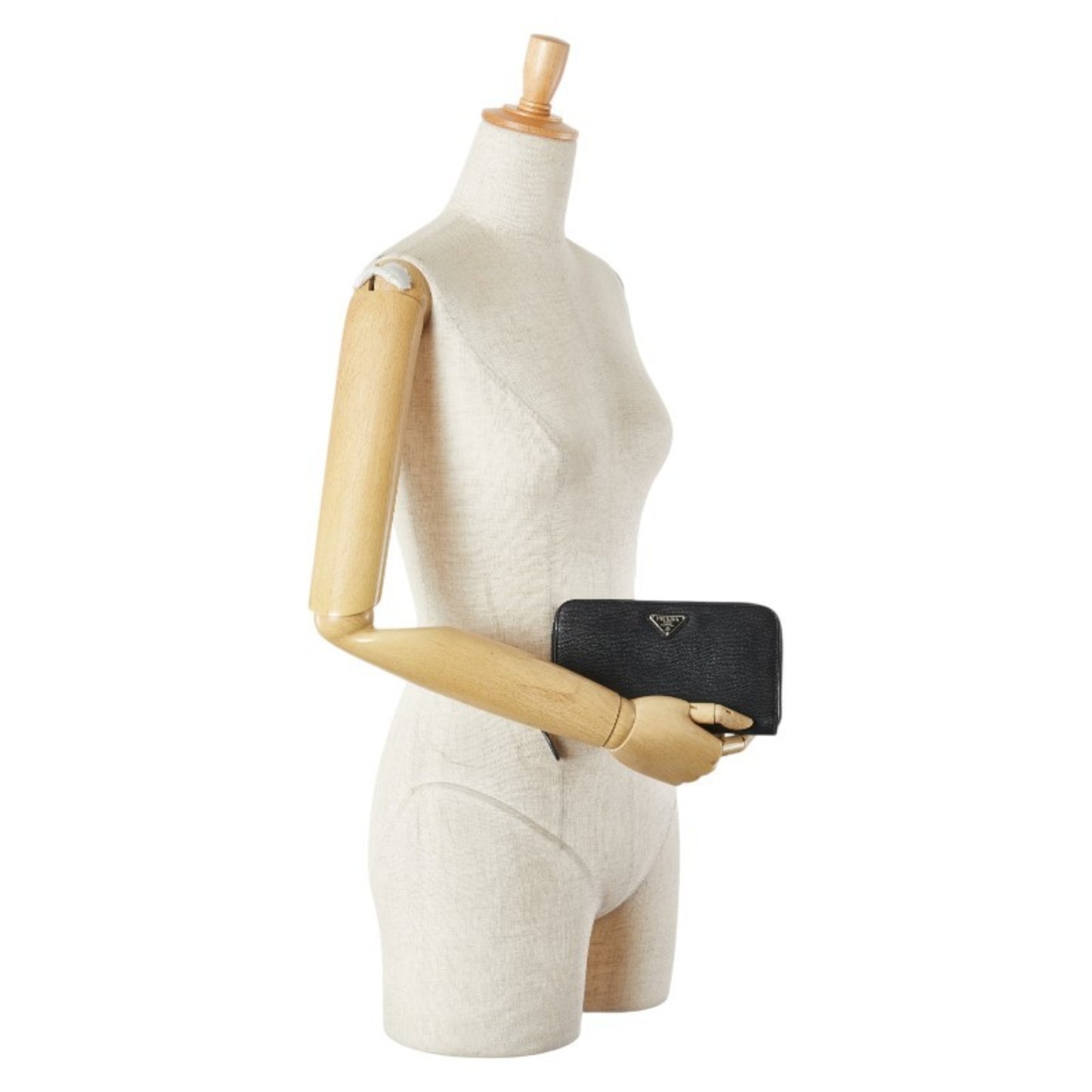 Prada Triangle Logo Plate Long Wallet Round Zipper Black Leather