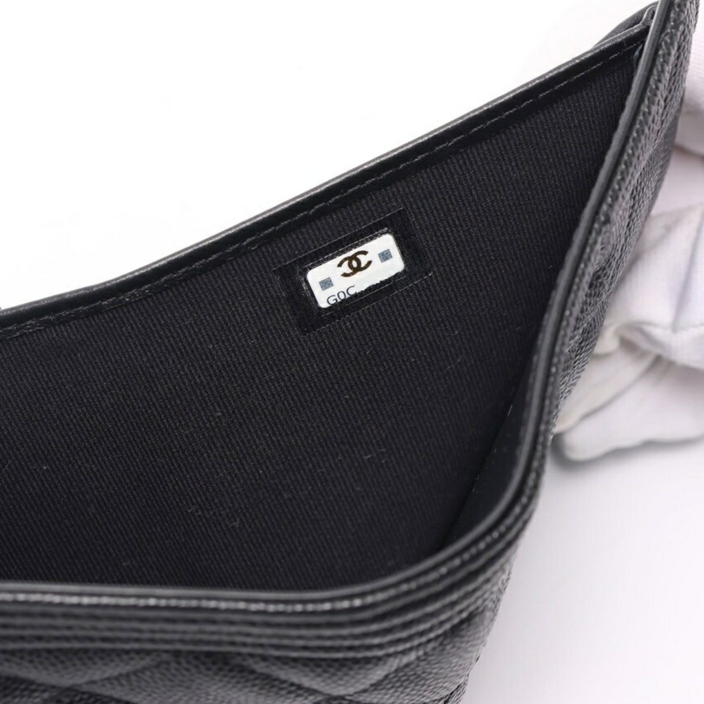 Chanel Boy Chanel Tri-Fold Wallet Compact A80743 Caviar Skin Black S-157867
