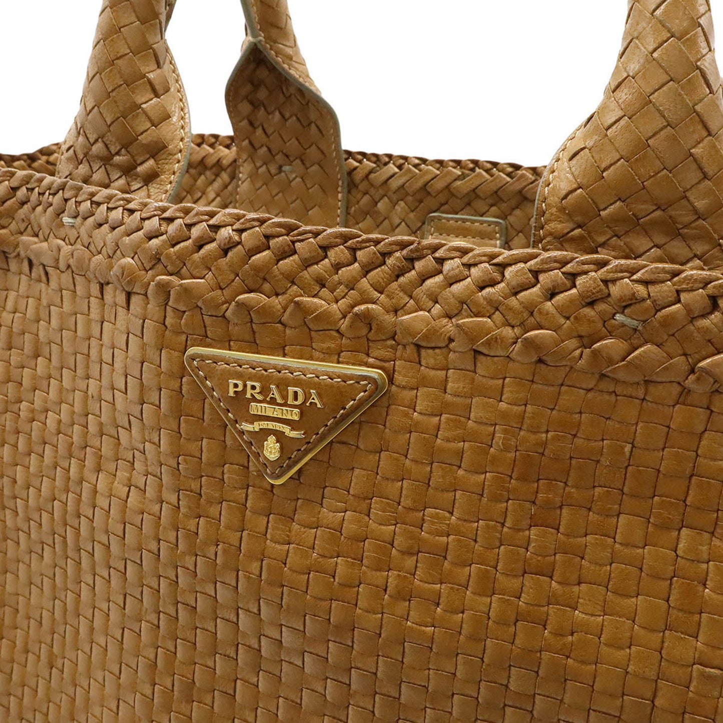 Prada Madras Tote Bag Leather Camel Light Brown Bn2222