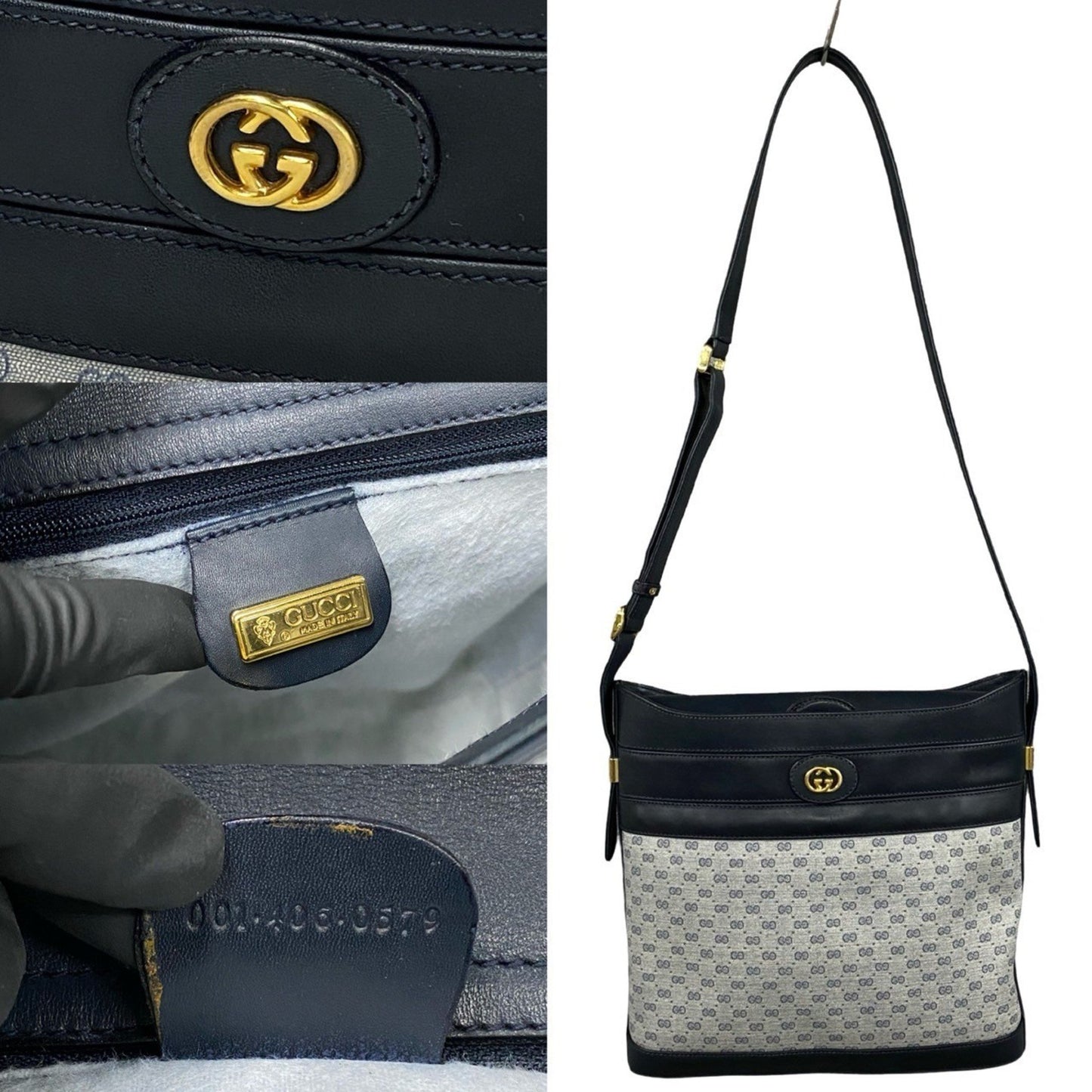 Gucci Old Gucci Micro Gg Logo Hardware Leather Genuine Shoulder Bag Pochette Navy 03913