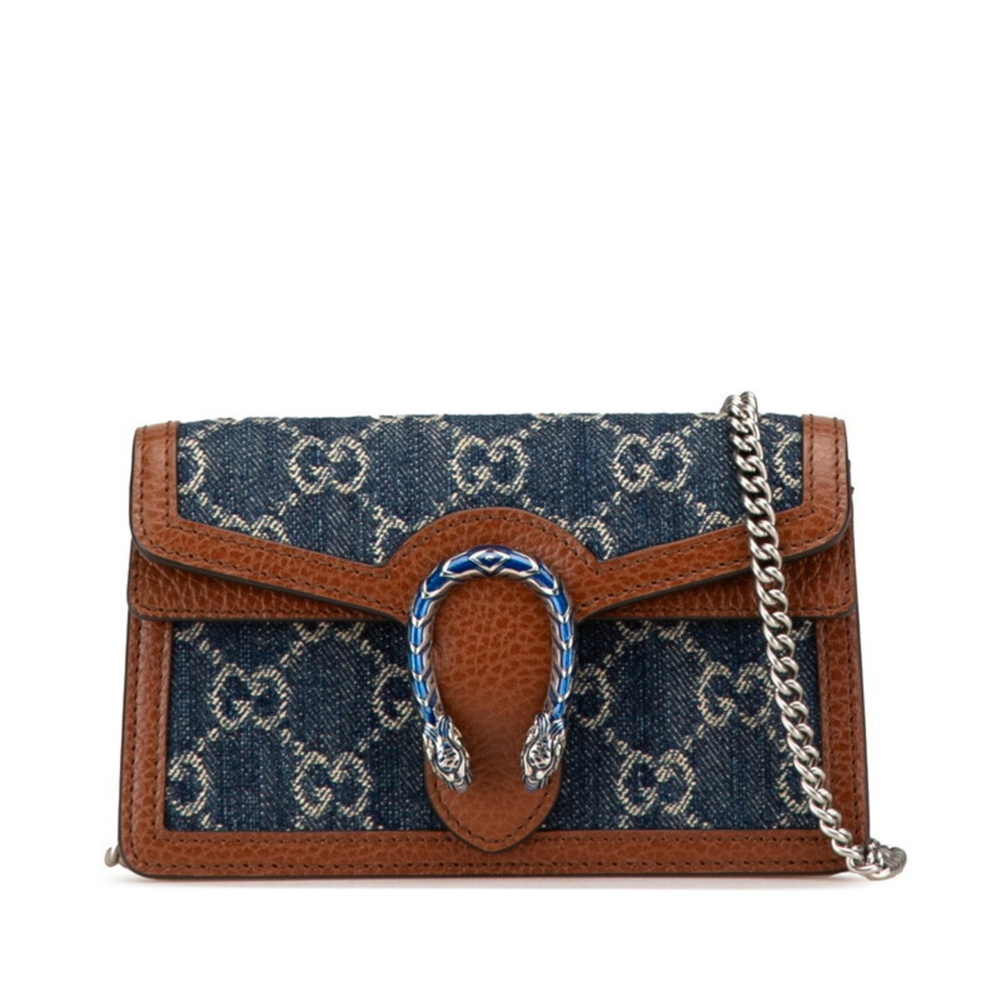 Gucci Gg Denim Dionysus Super Mini Bag Crossbody Chain Shoulder 476432 Indigo Blue Brown Leather